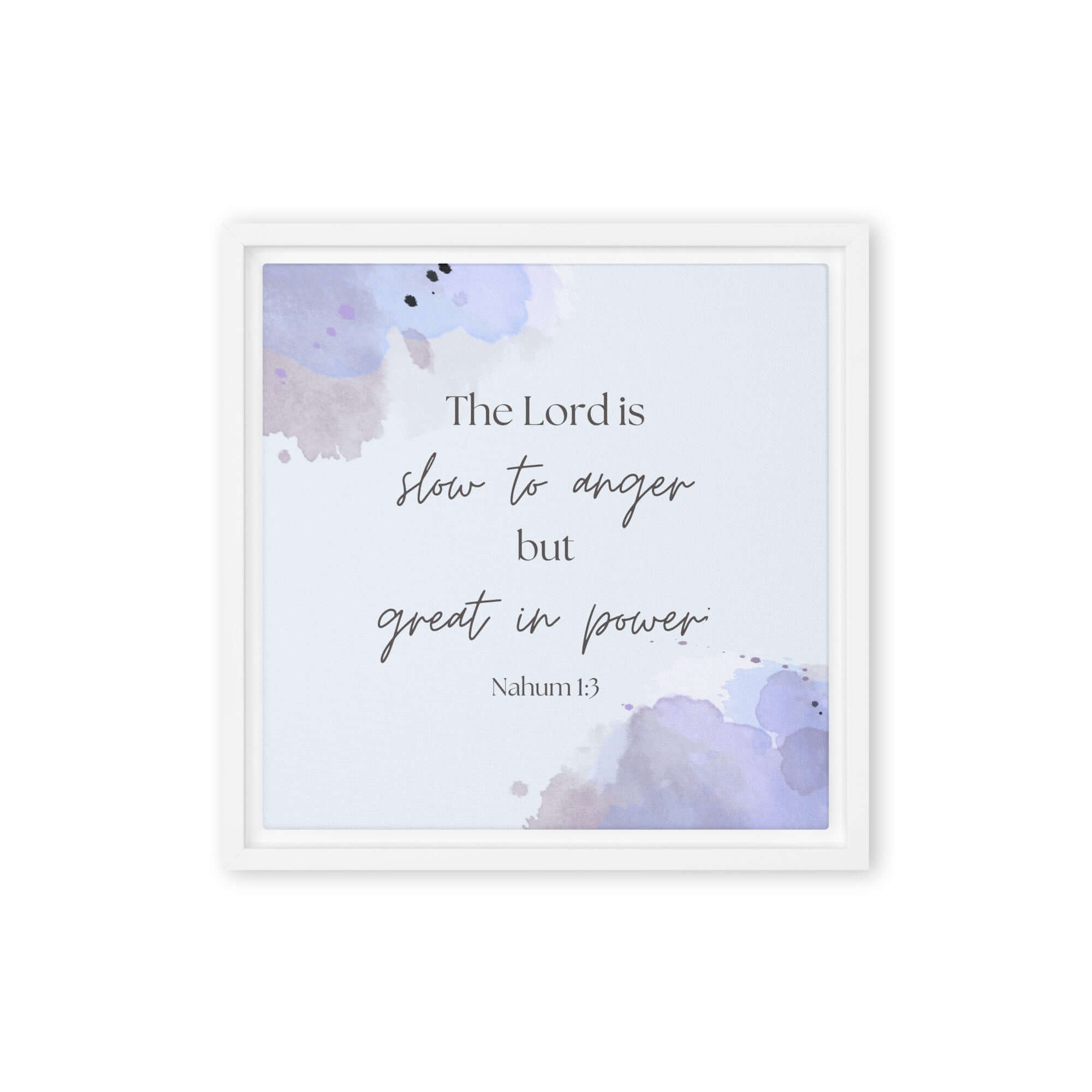Nahum 1:3 Bible Verse, great in power Framed Canvas Print Wall Art White 12″×12″