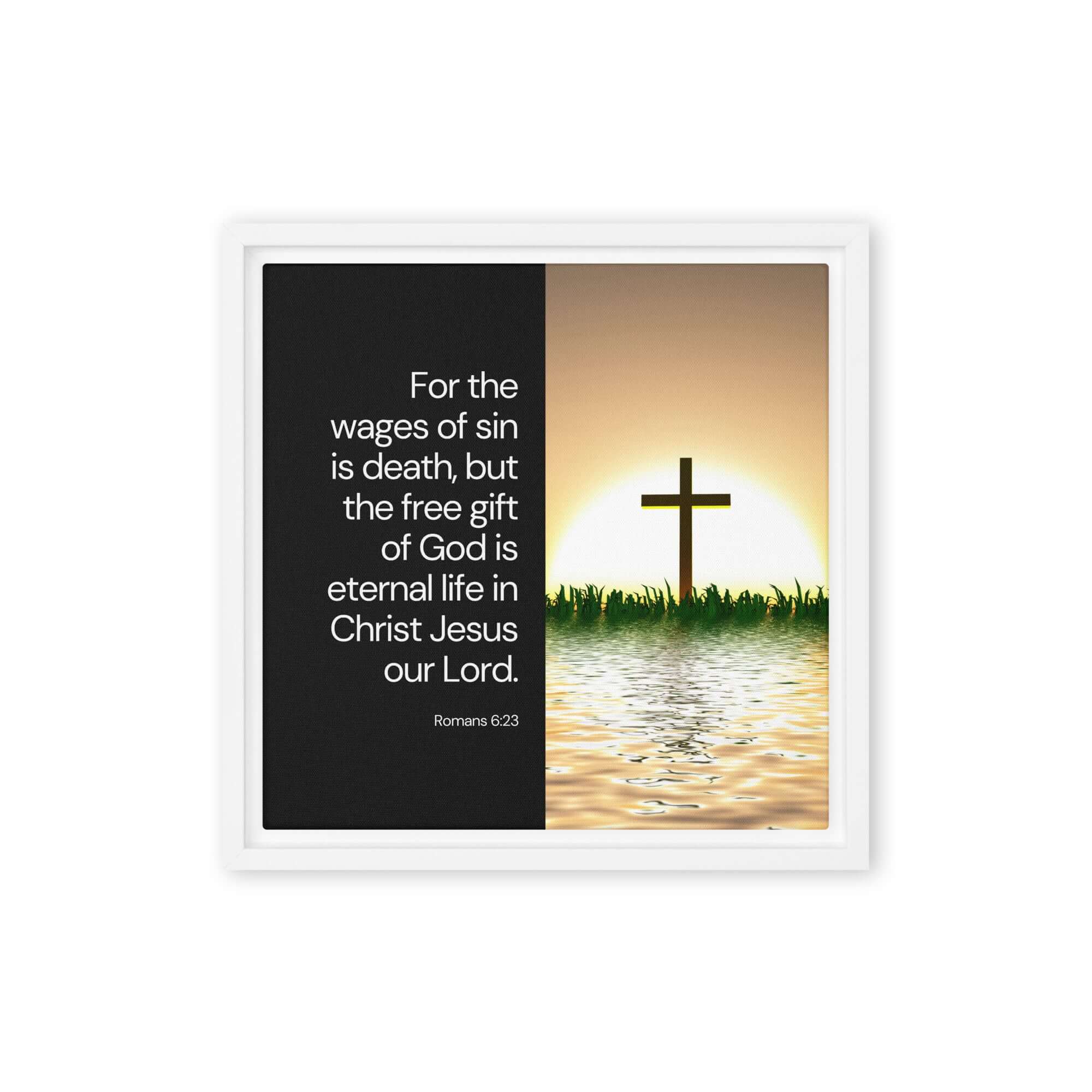 Romans 6:23 Bible Verse, the wages Framed Canvas Print Wall Art White 12″×12″