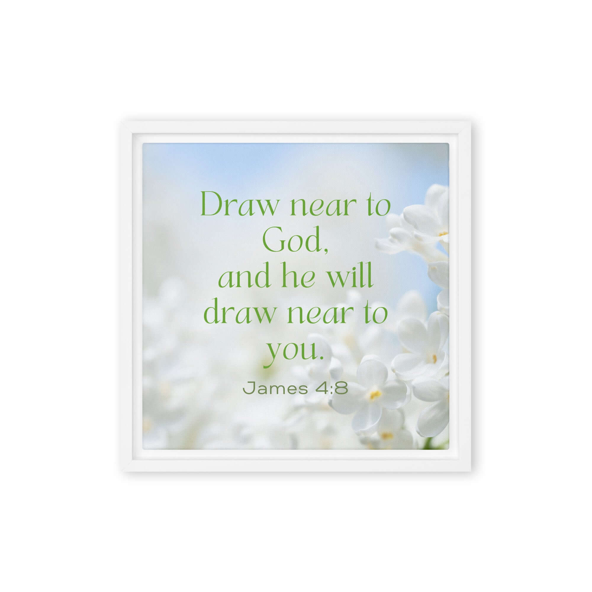 James 4:8 Bible Verse, Draw near Framed Canvas Print Wall Art White 12″×12″