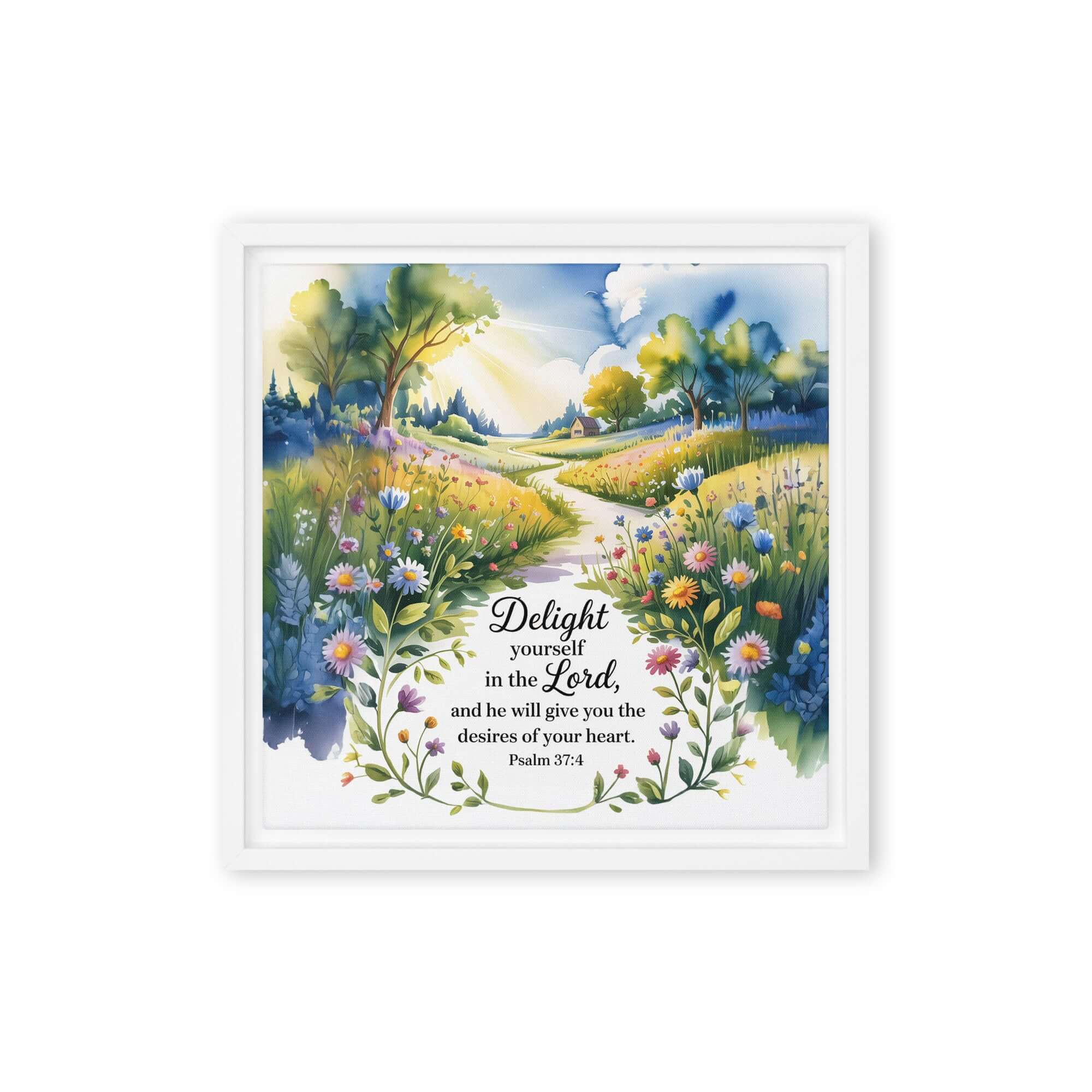 Psalm 37:4 Bible Verse, desires Framed Canvas White 12″×12″