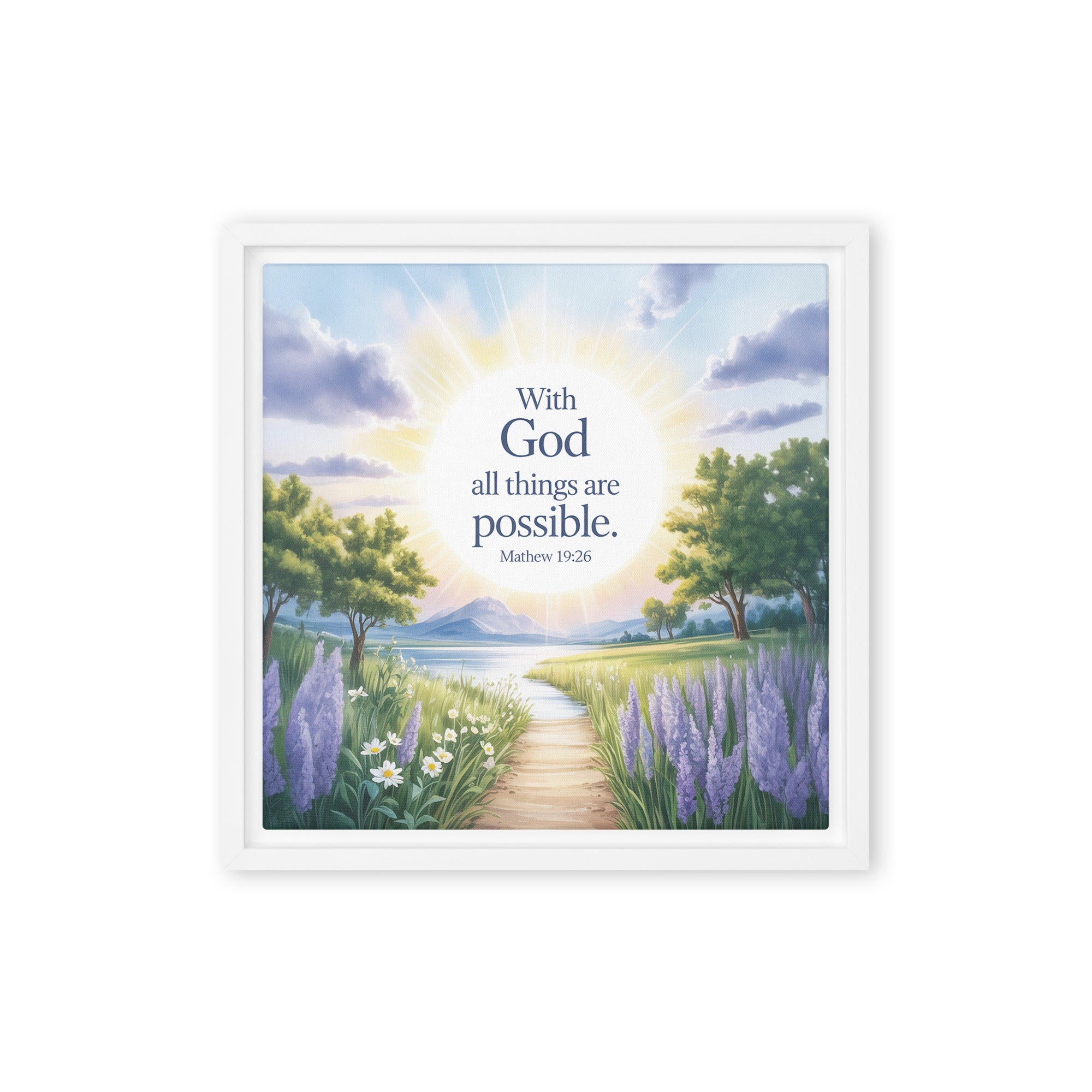 Matthew 19:26 Bible Verse Looking at Framed Canvas White 12″×12″