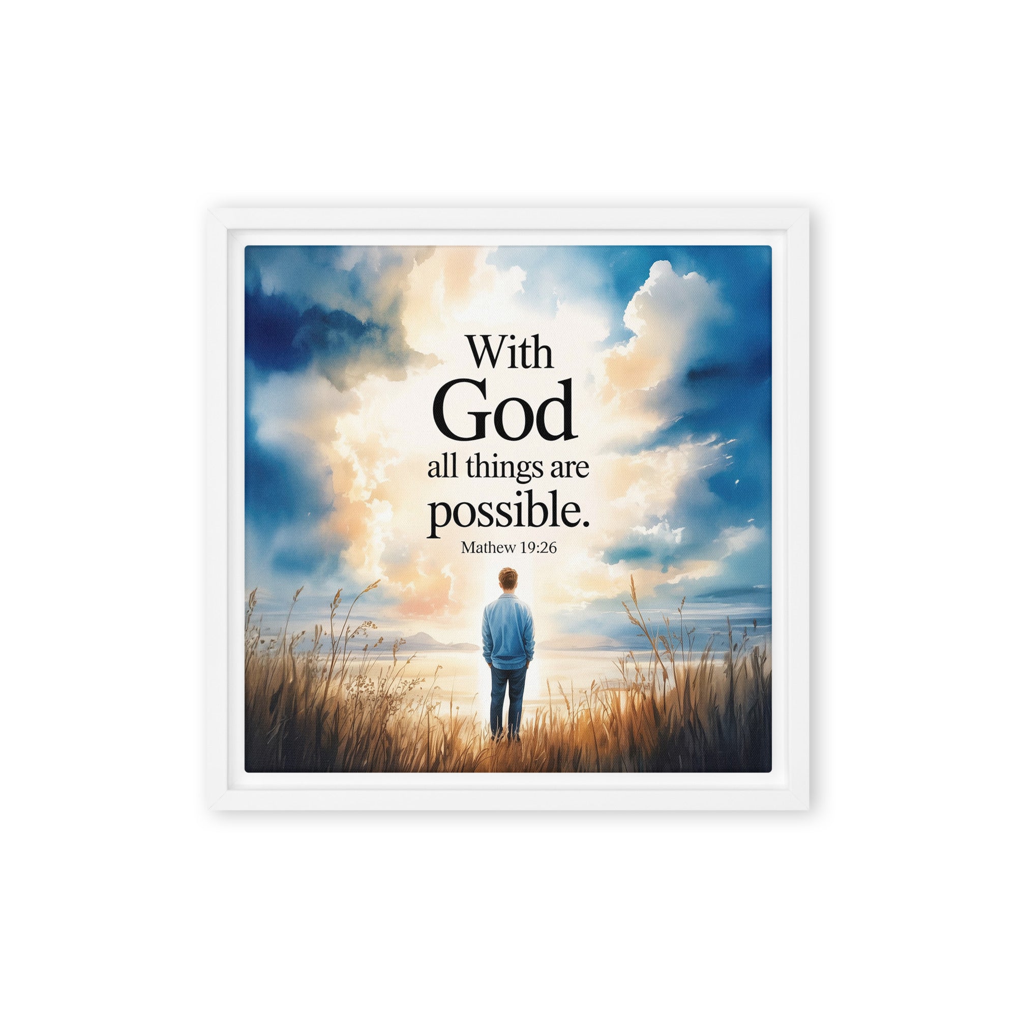 Matthew 19:26 Bible Verse Jesus Framed Canvas White 12″×12″