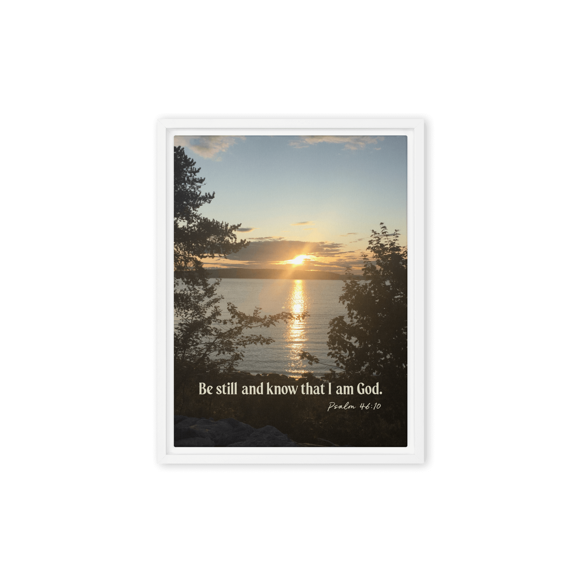 Psalm 46:10 Bible Verse, Sunset Glory Framed Canvas Print Wall Art White 12″×16″