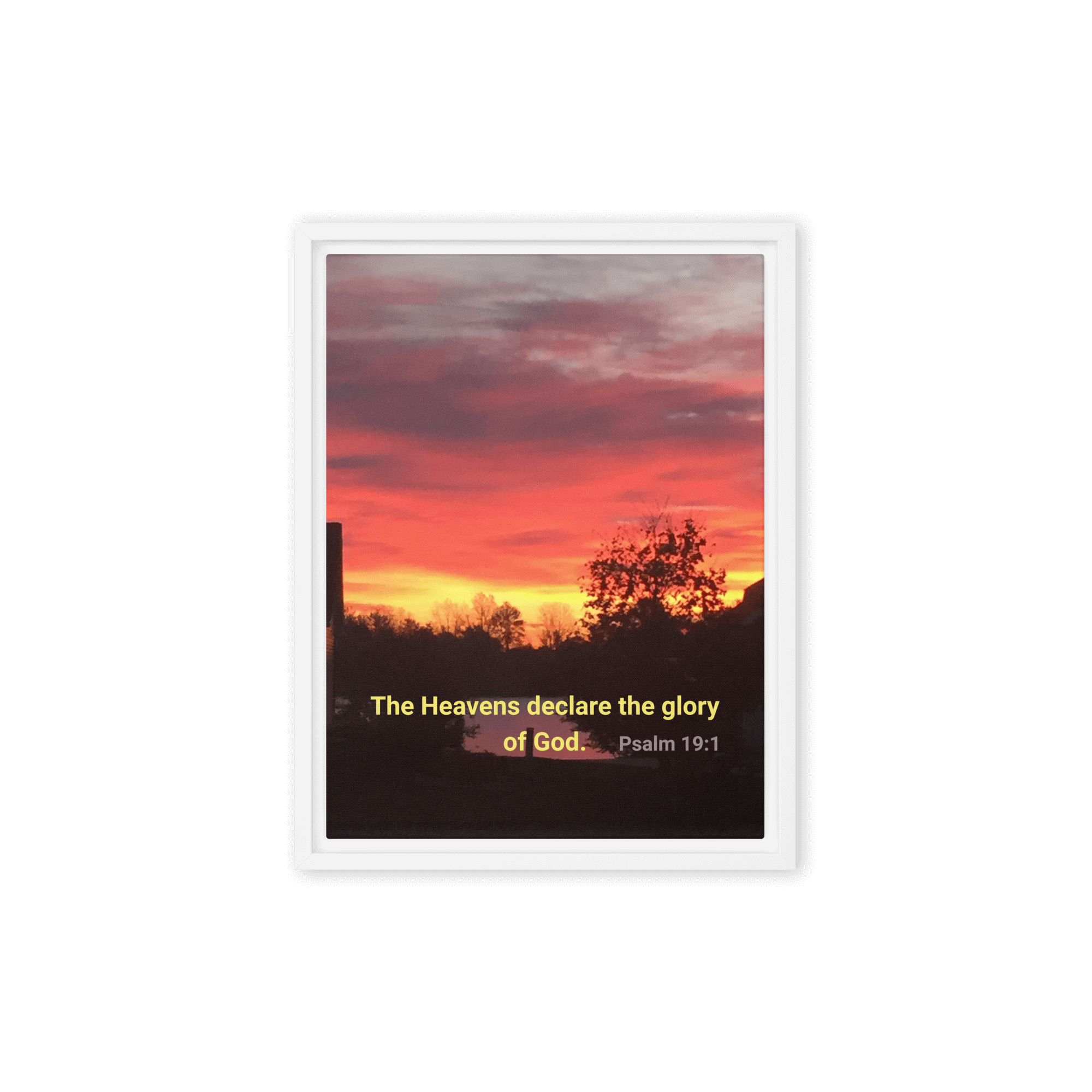 Psalm 19:1 Bible Verse, Sunset Glory Framed Canvas Print Wall Art White 12″×16″