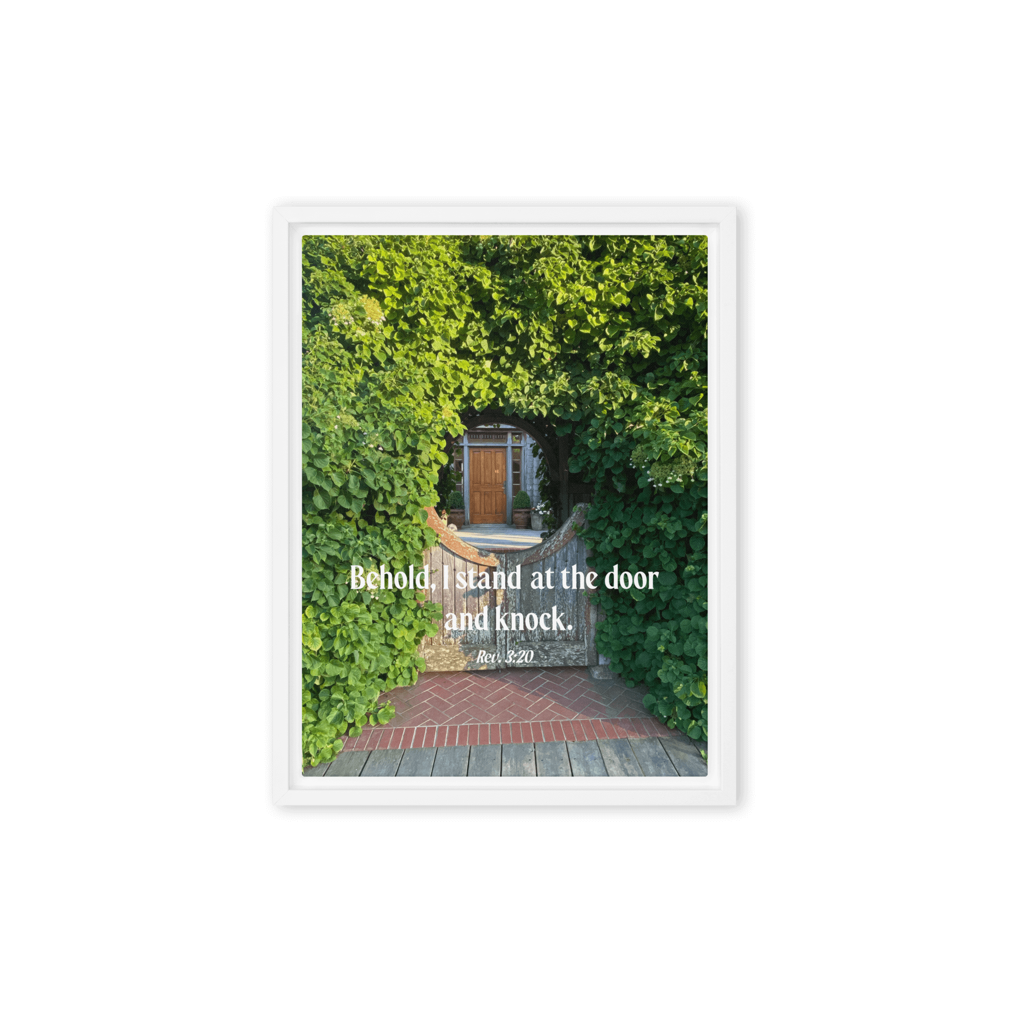 Revelation 3:20 Bible Verse, Garden Doorway Framed Canvas Print Wall Art White 12″×16″