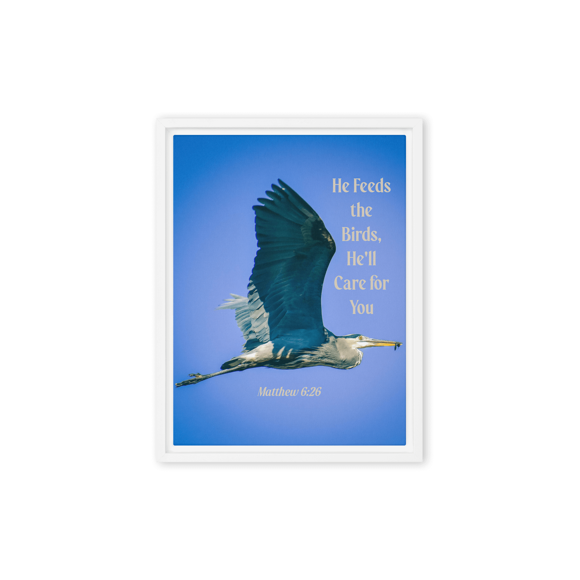 Matthew 6:26 Graceful Heron, He'll Care for You Framed Canvas Print Wall Art White 12″×16″