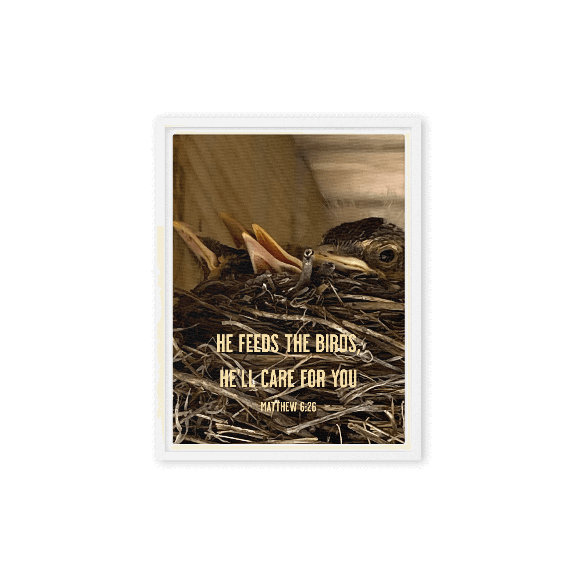 Matthew 6:26 Baby Robins, He'll Care for You Framed Canvas Print Wall Art White 12″×16″