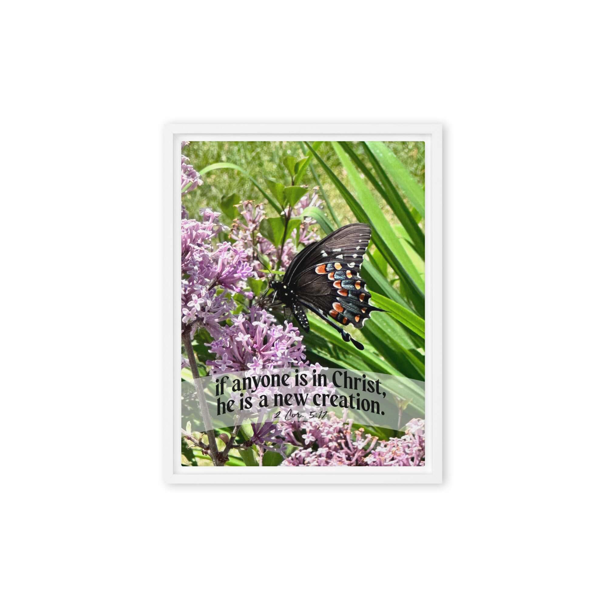 2 Corinthians 5:17 Bible Verse, Butterfly Framed Canvas Print Wall Art White 12″×16″