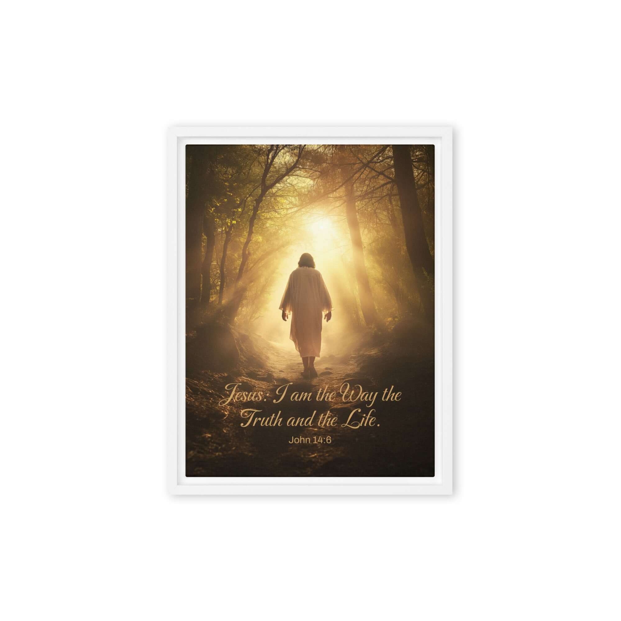 John 14:6 Bible Verse, Forest Image Framed Canvas Print Wall Art White 12″×16″