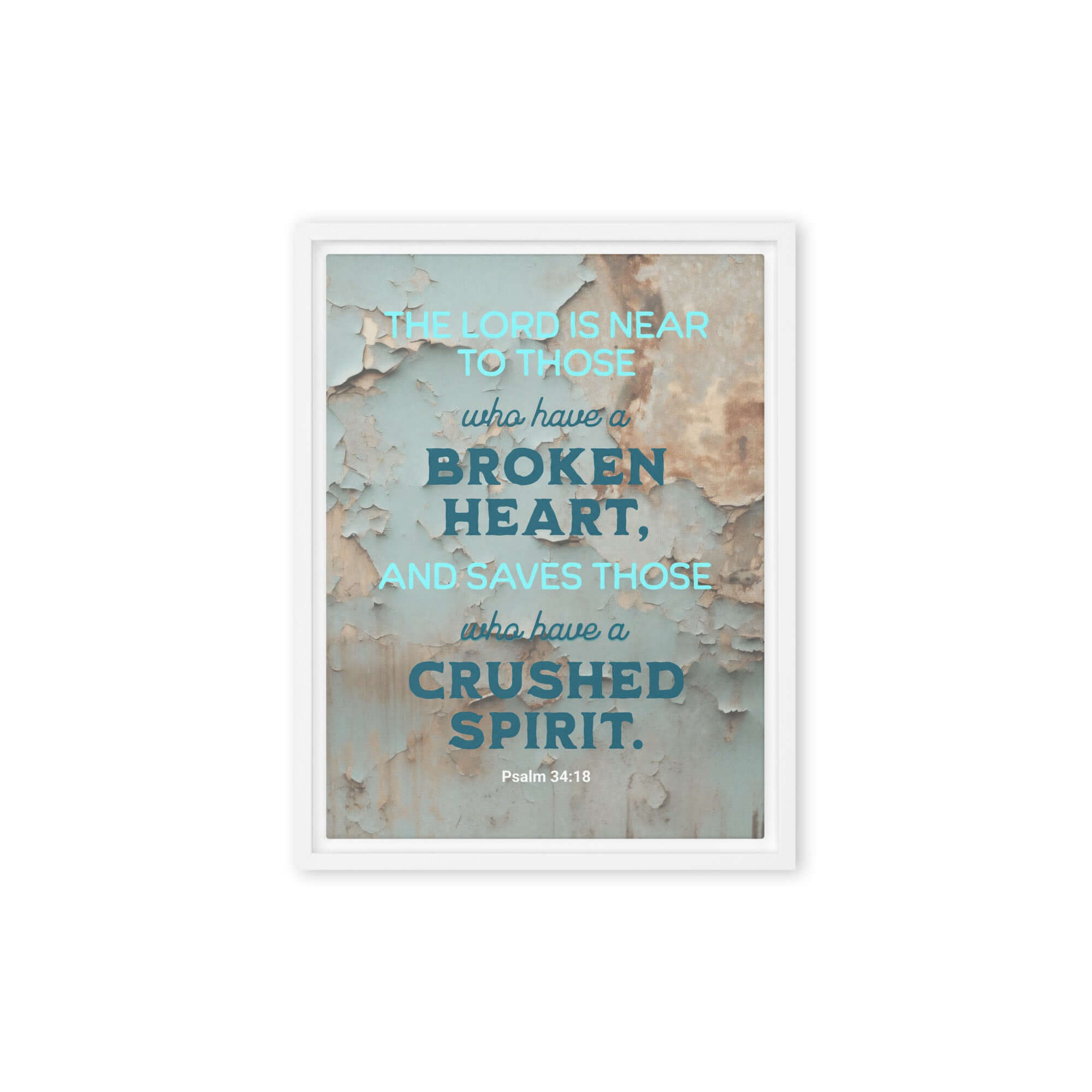 Psalm 34:18 Bible Verse, The LORD is Near Framed Canvas Print Wall Art White 12″×16″