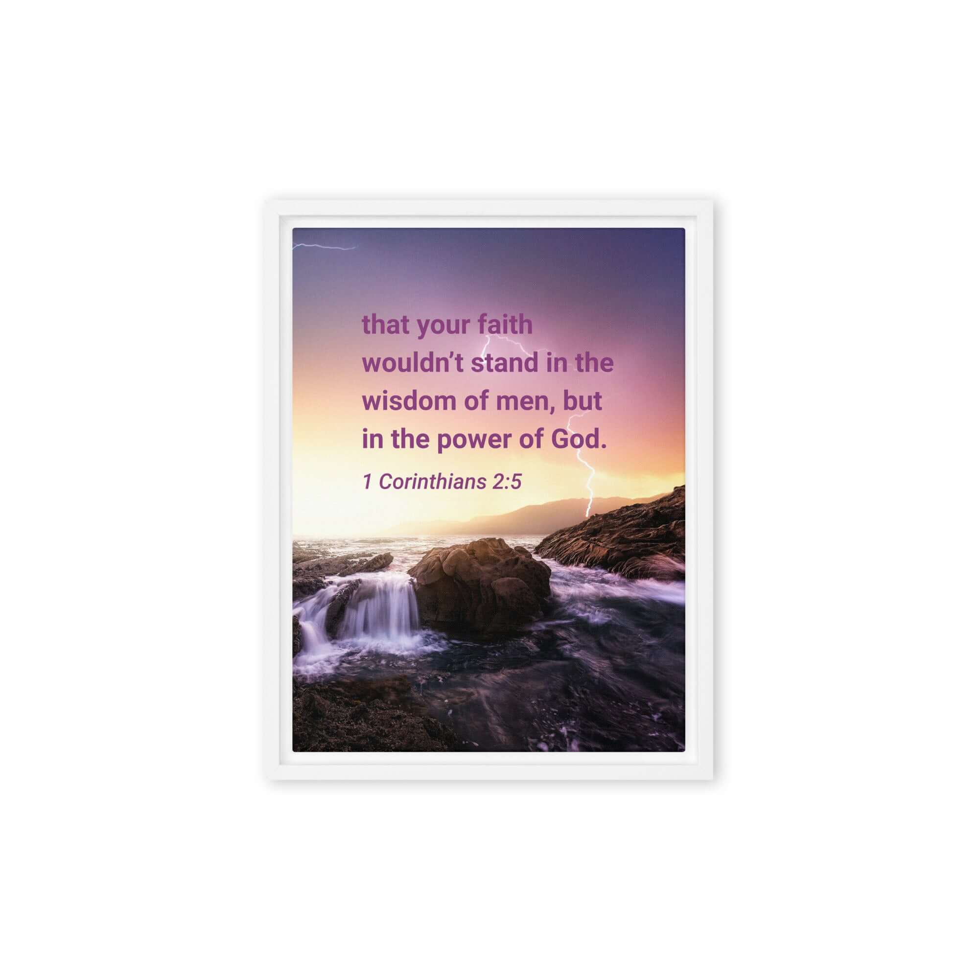 1 Corinthians 2:5 Bible Verse, power of God Framed Canvas Print Wall Art White 12″×16″