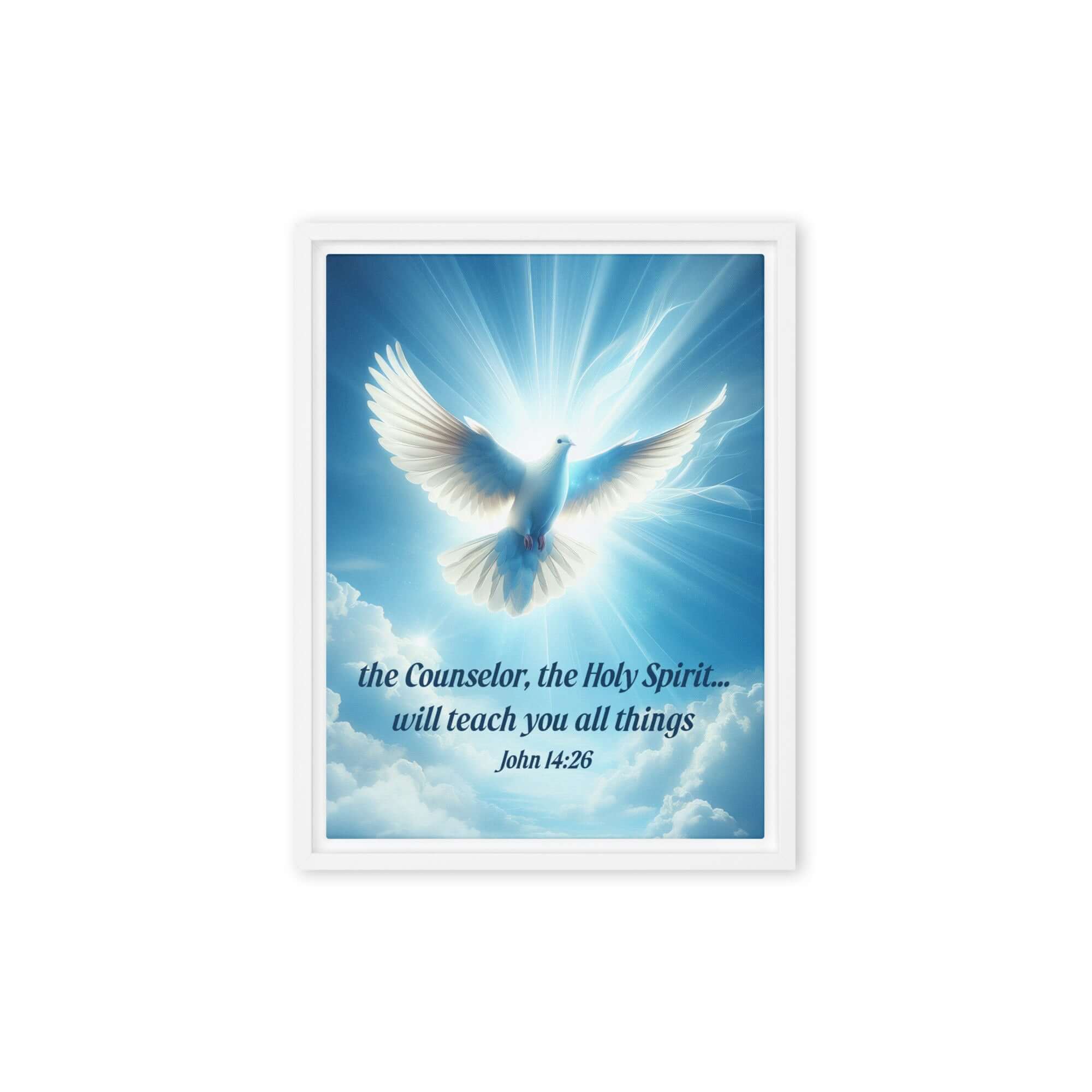 John 14:26 Bible Verse, Holy Spirit Dove Framed Canvas Print Wall Art White 12″×16″