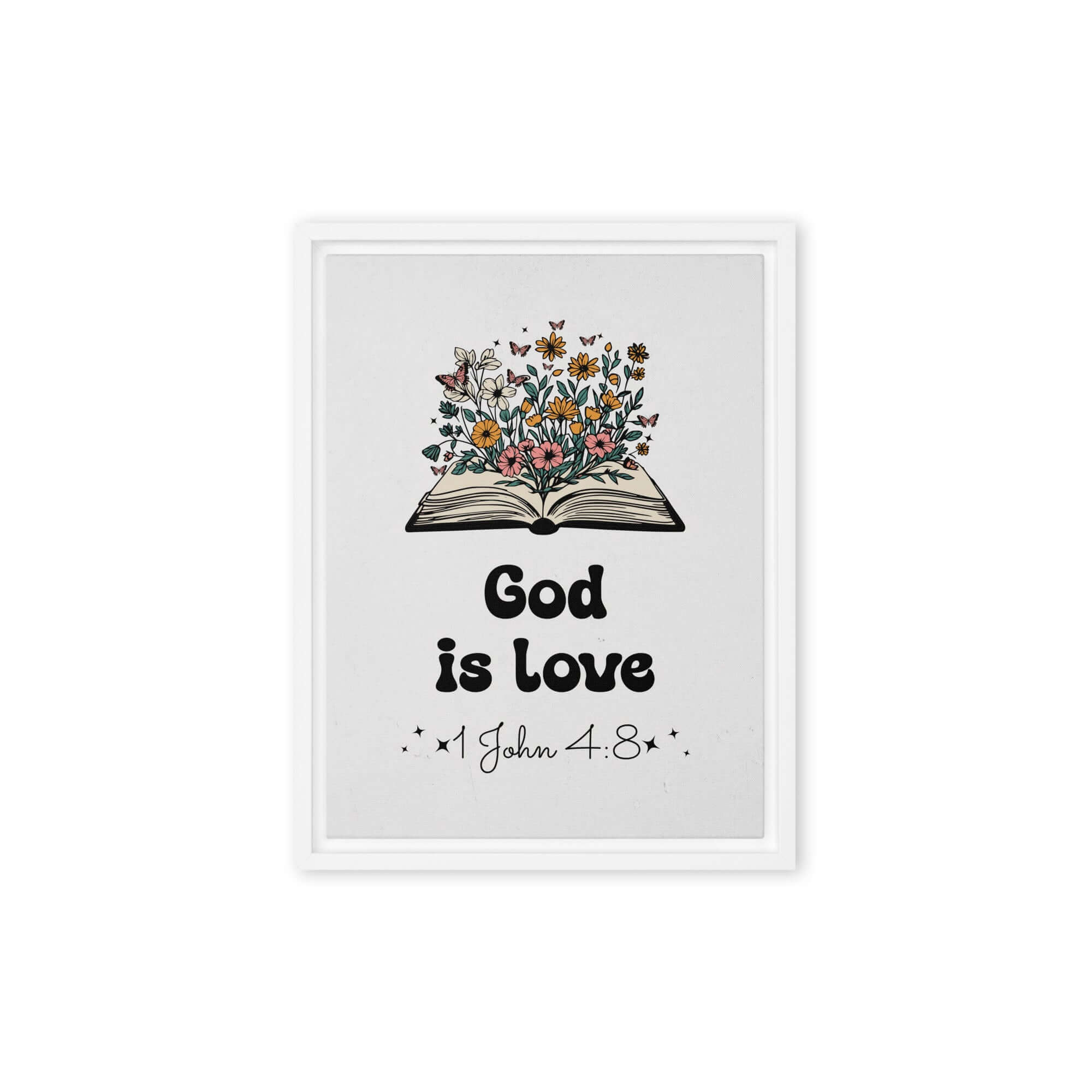 1 John 4:8 Bible Verse, God is Love Framed Canvas Print Wall Art White 12″×16″