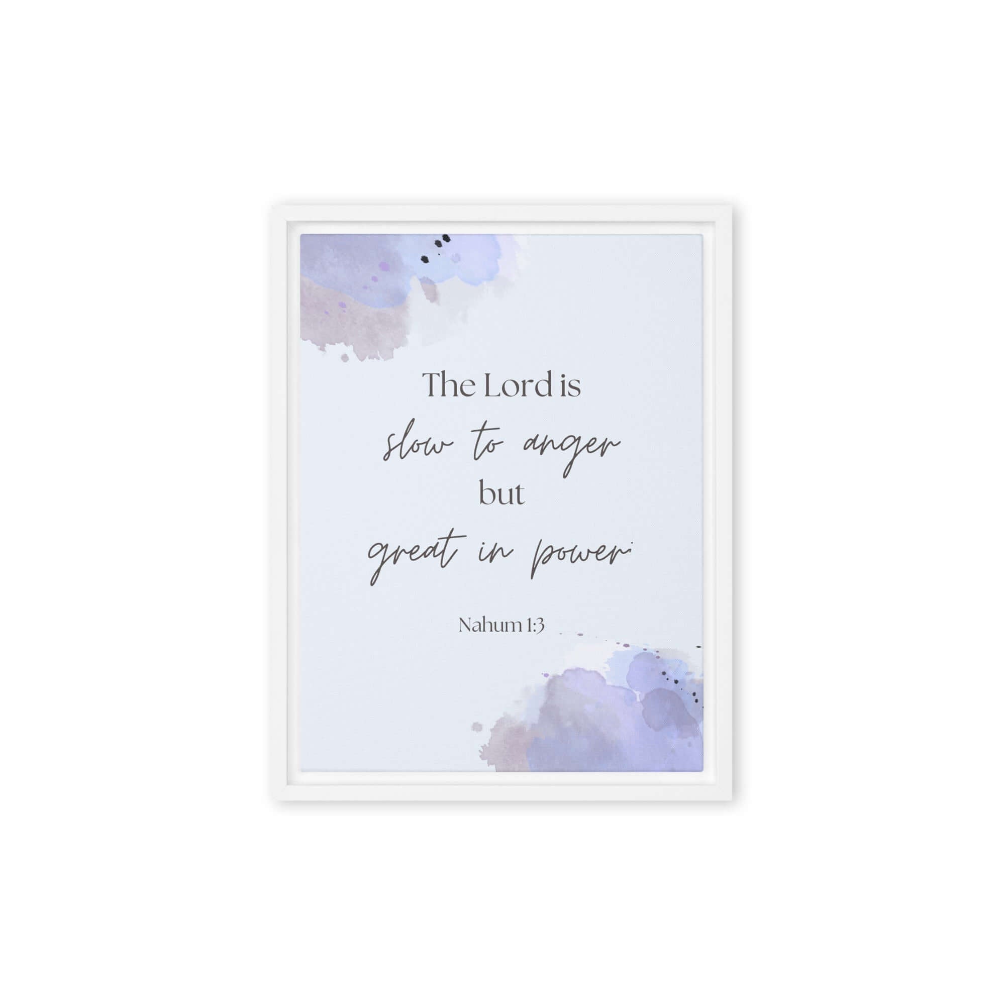 Nahum 1:3 Bible Verse, great in power Framed Canvas Print Wall Art White 12″×16″
