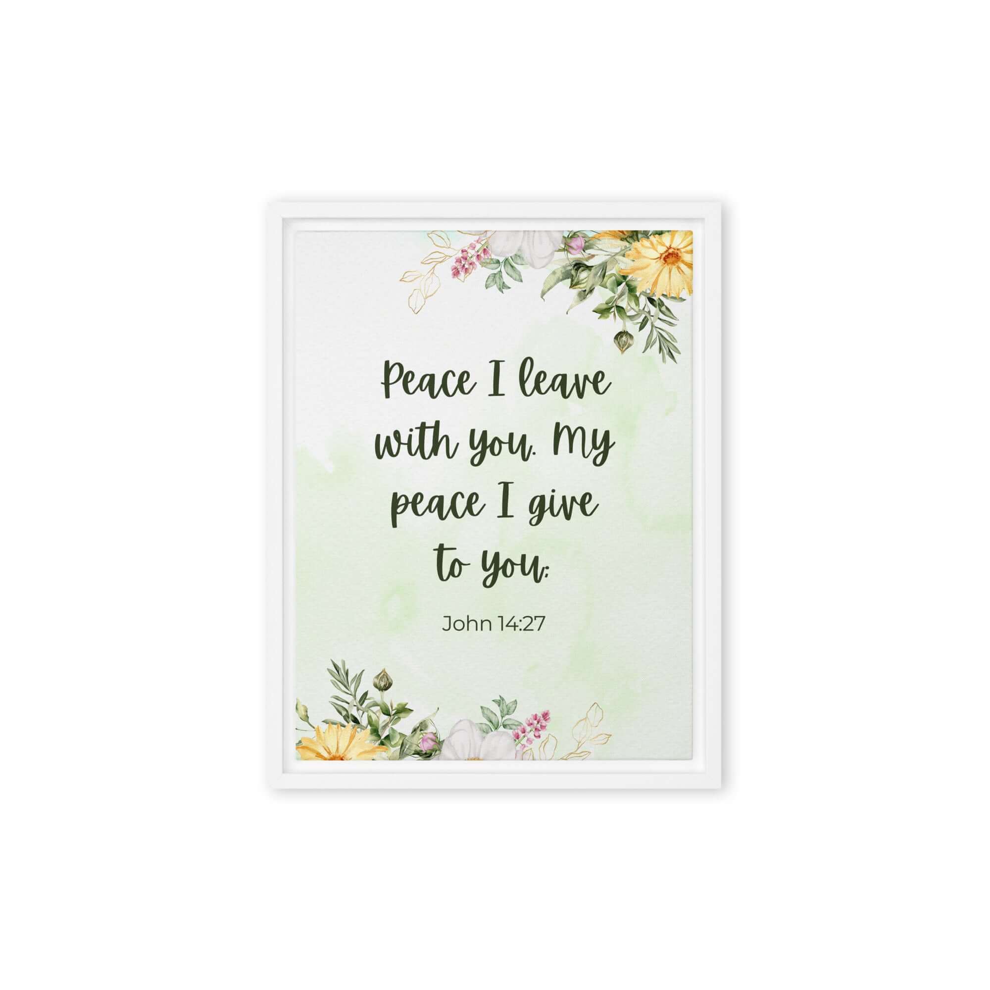 John 14:27 Bible Verse, My peace Framed Canvas Print Wall Art White 12″×16″