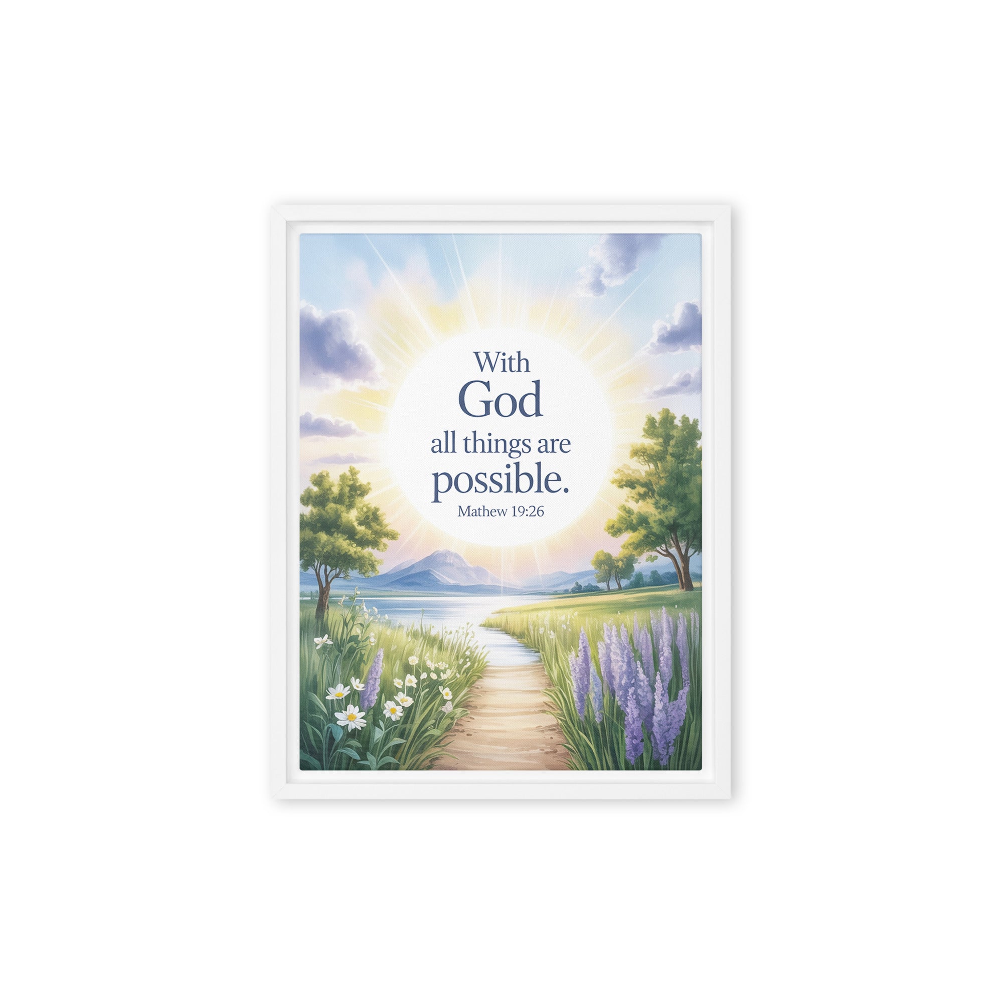 Matthew 19:26 Bible Verse Looking at Framed Canvas White 12″×16″