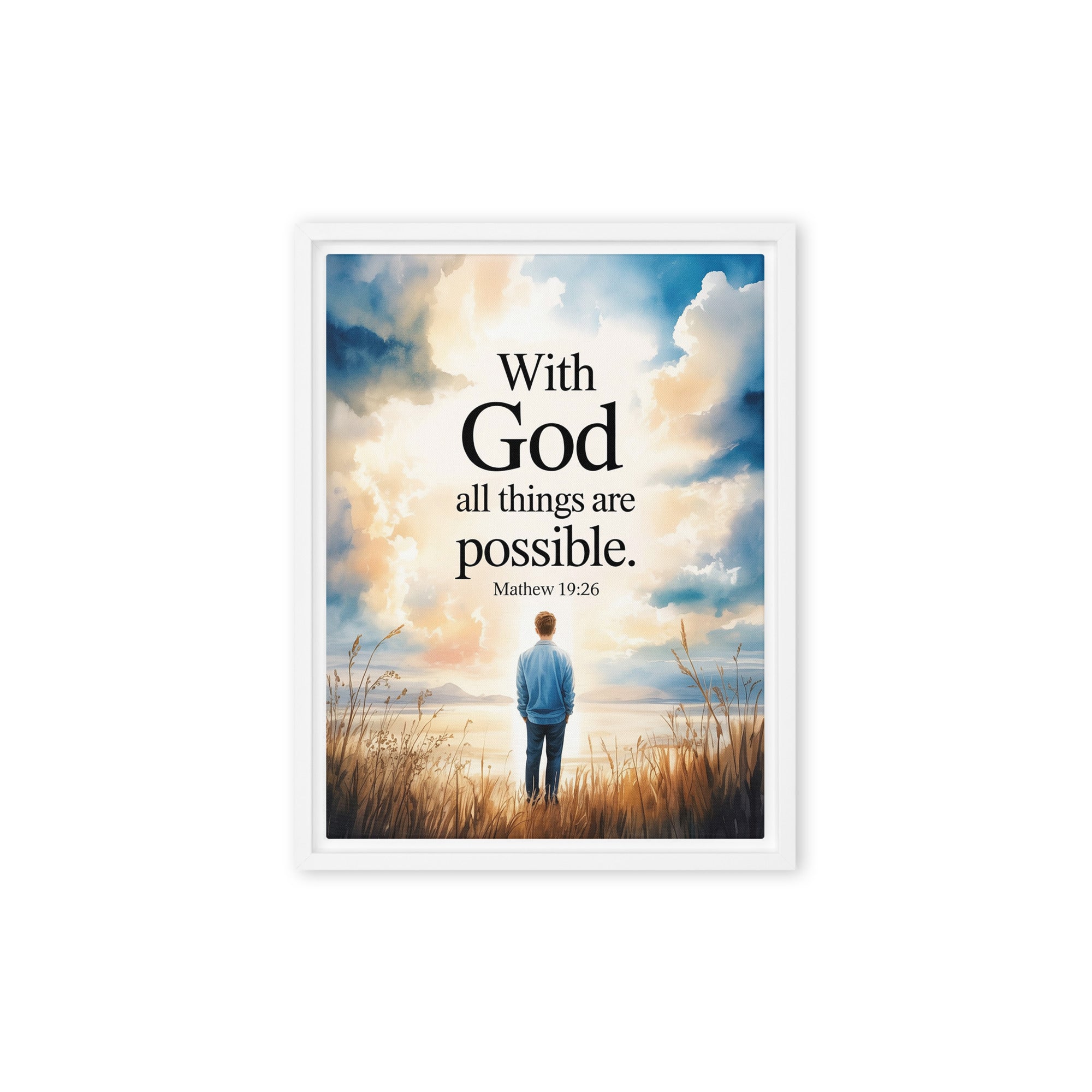 Matthew 19:26 Bible Verse Jesus Framed Canvas White 12″×16″
