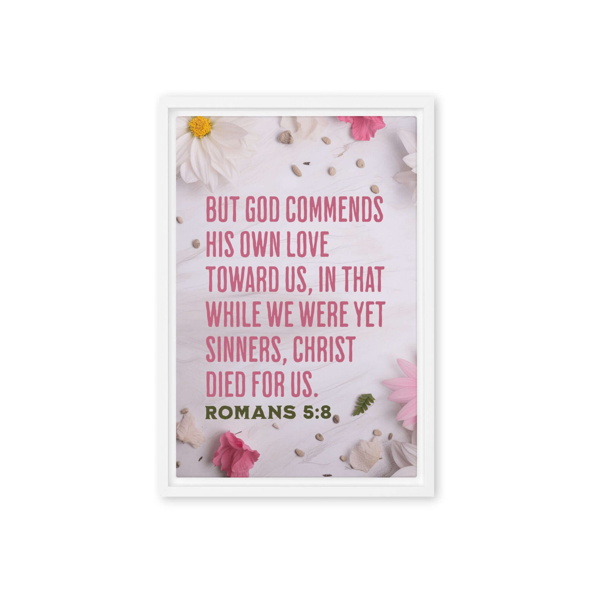 Romans 5:8 Bible Verse, Christ Died for Us Framed Canvas Print Wall Art White 12″×18″