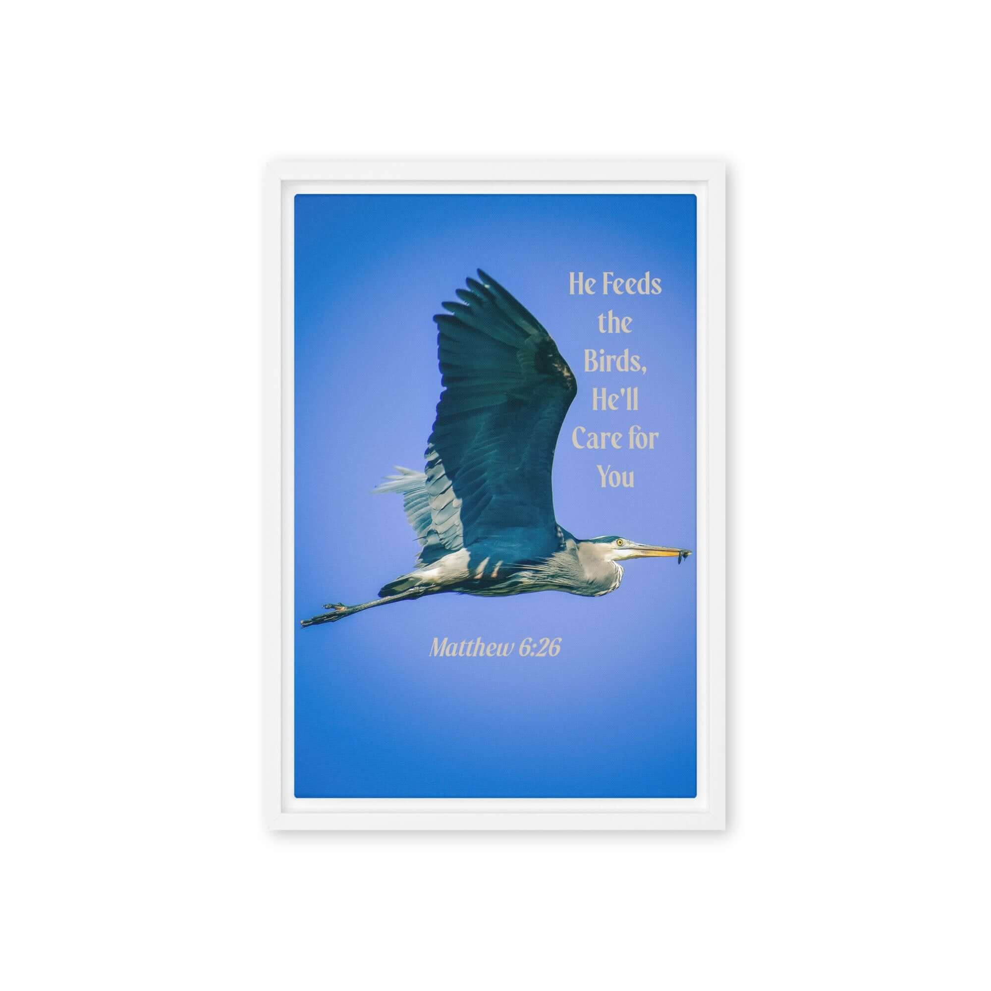 Matthew 6:26 Graceful Heron, He'll Care for You Framed Canvas Print Wall Art White 12″×18″