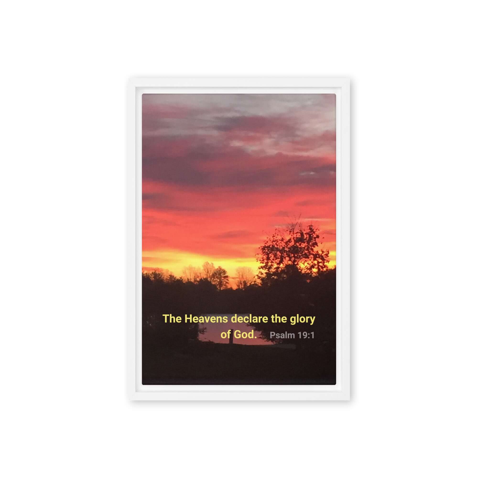 Psalm 19:1 Bible Verse, Sunset Glory Framed Canvas Print Wall Art White 12″×18″