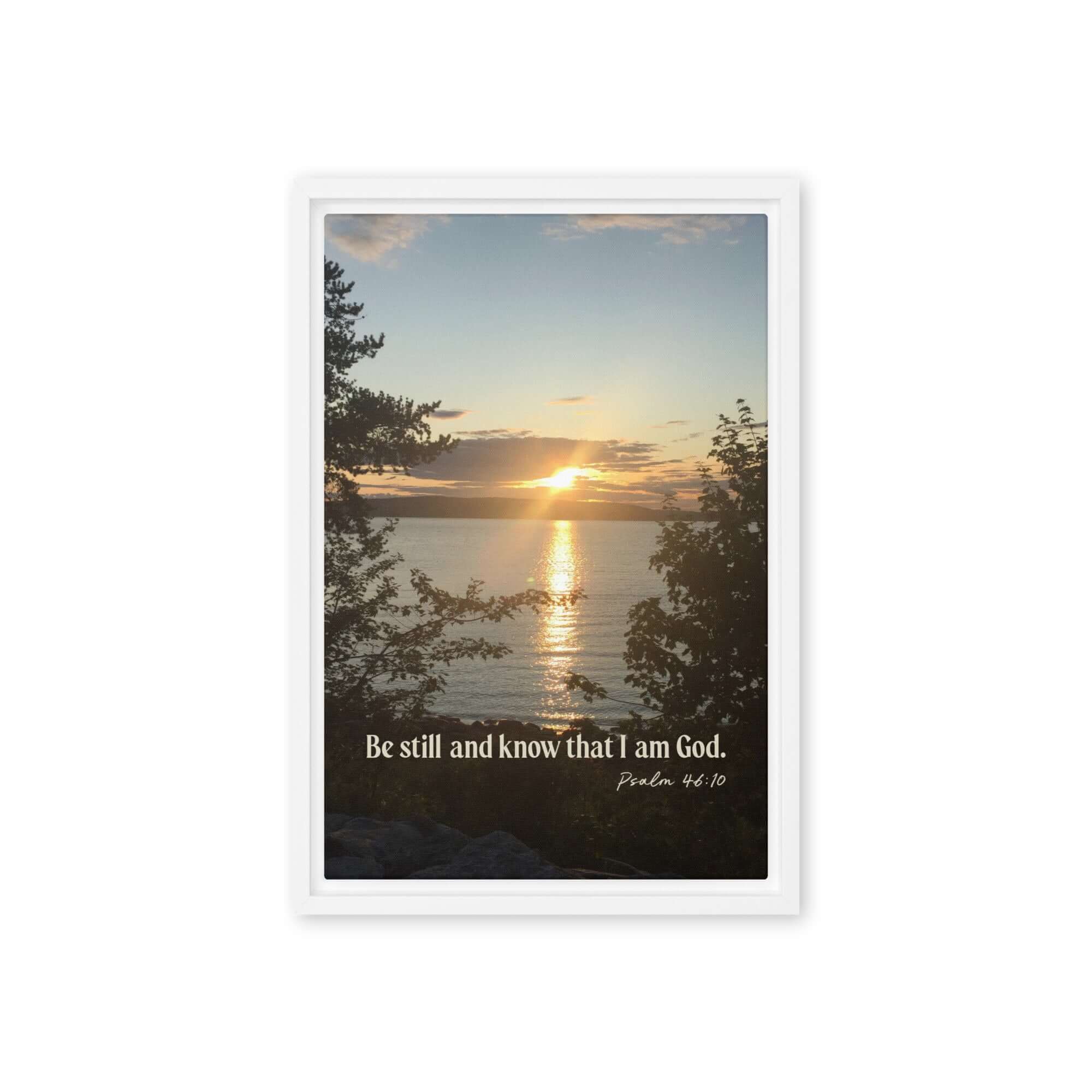 Psalm 46:10 Bible Verse, Sunset Glory Framed Canvas Print Wall Art White 12″×18″