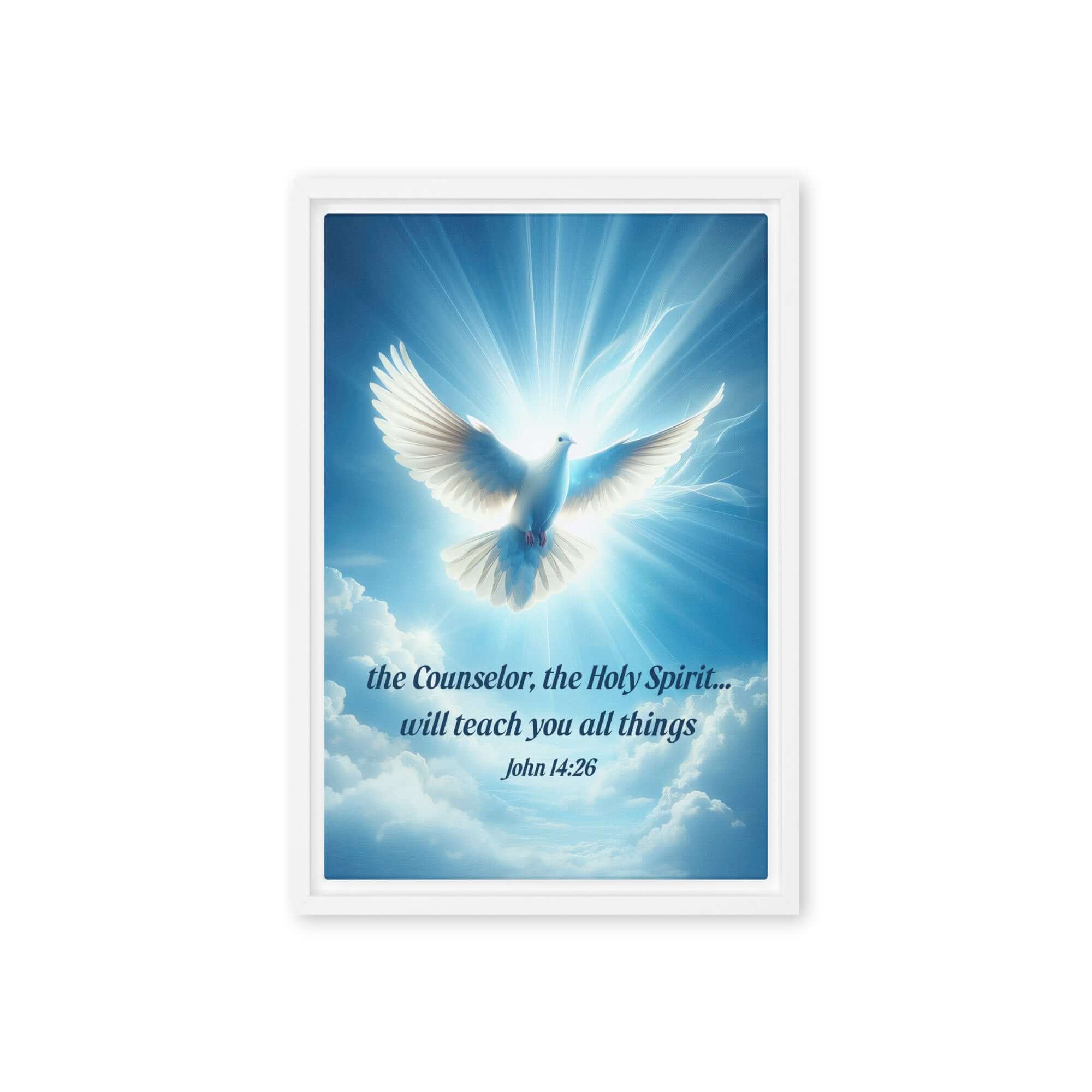 John 14:26 Bible Verse, Holy Spirit Dove Framed Canvas Print Wall Art White 12″×18″