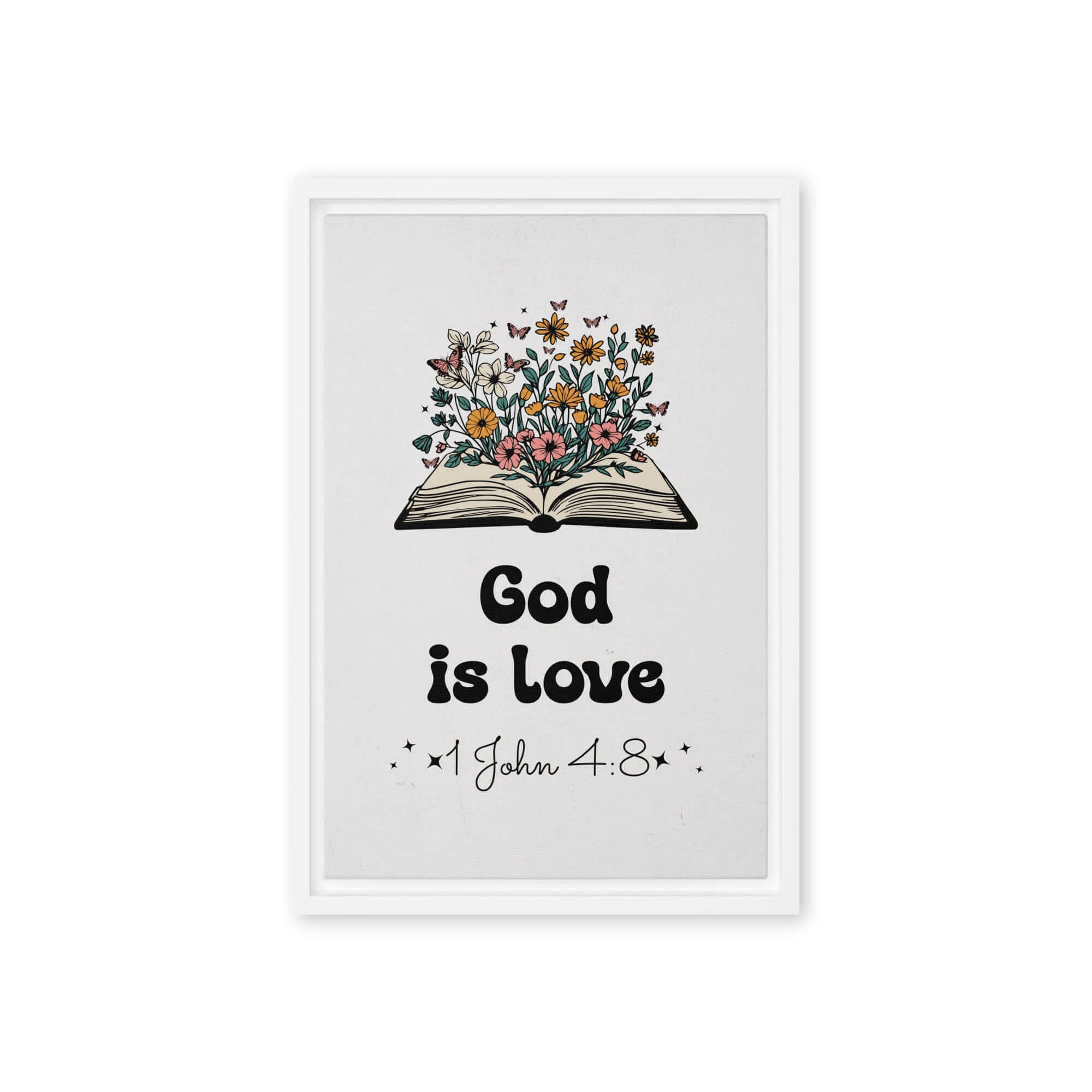 1 John 4:8 Bible Verse, God is Love Framed Canvas Print Wall Art White 12″×18″
