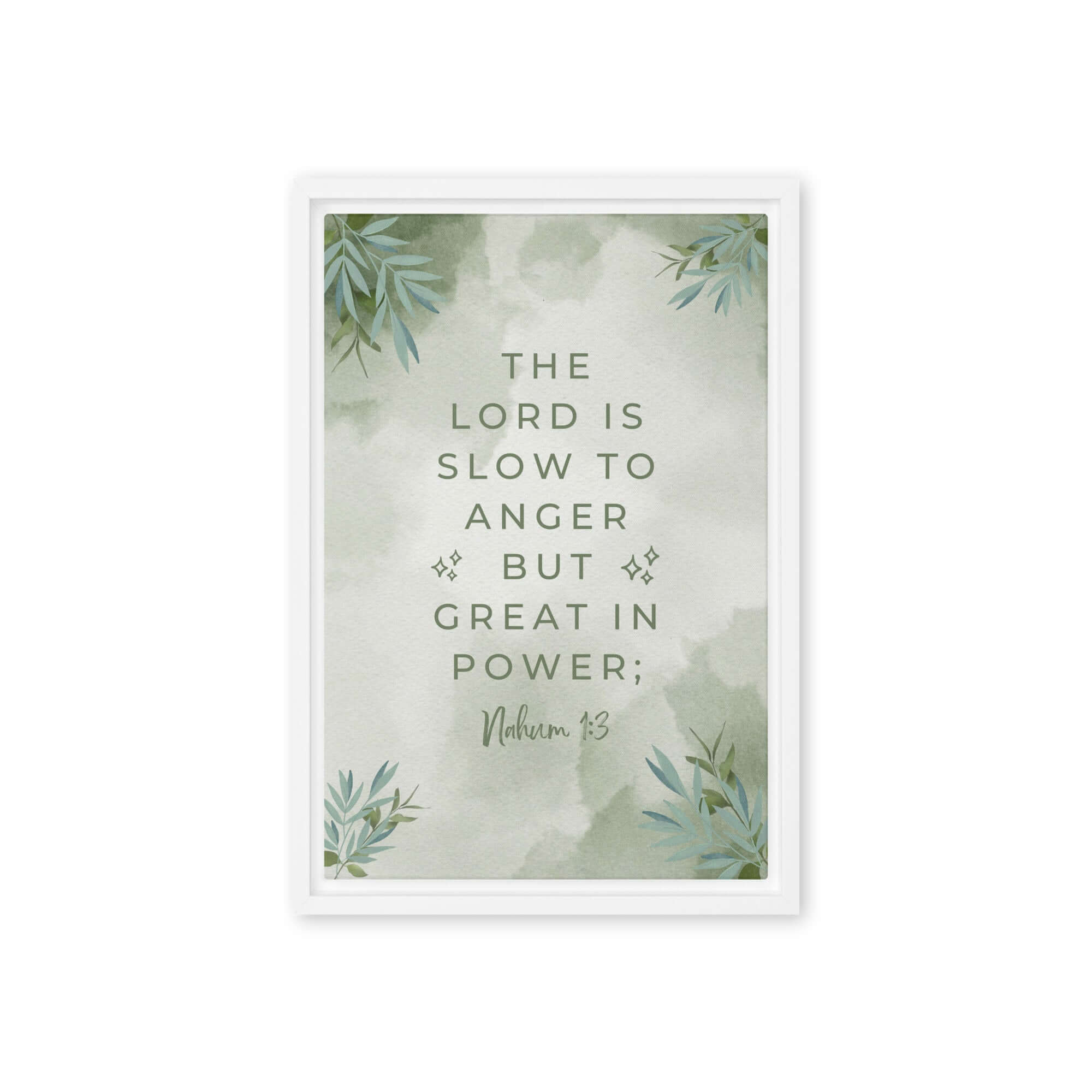 Nahum 1:3 Bible Verse, The Lord is slow Framed Canvas Print Wall Art White 12″×18″