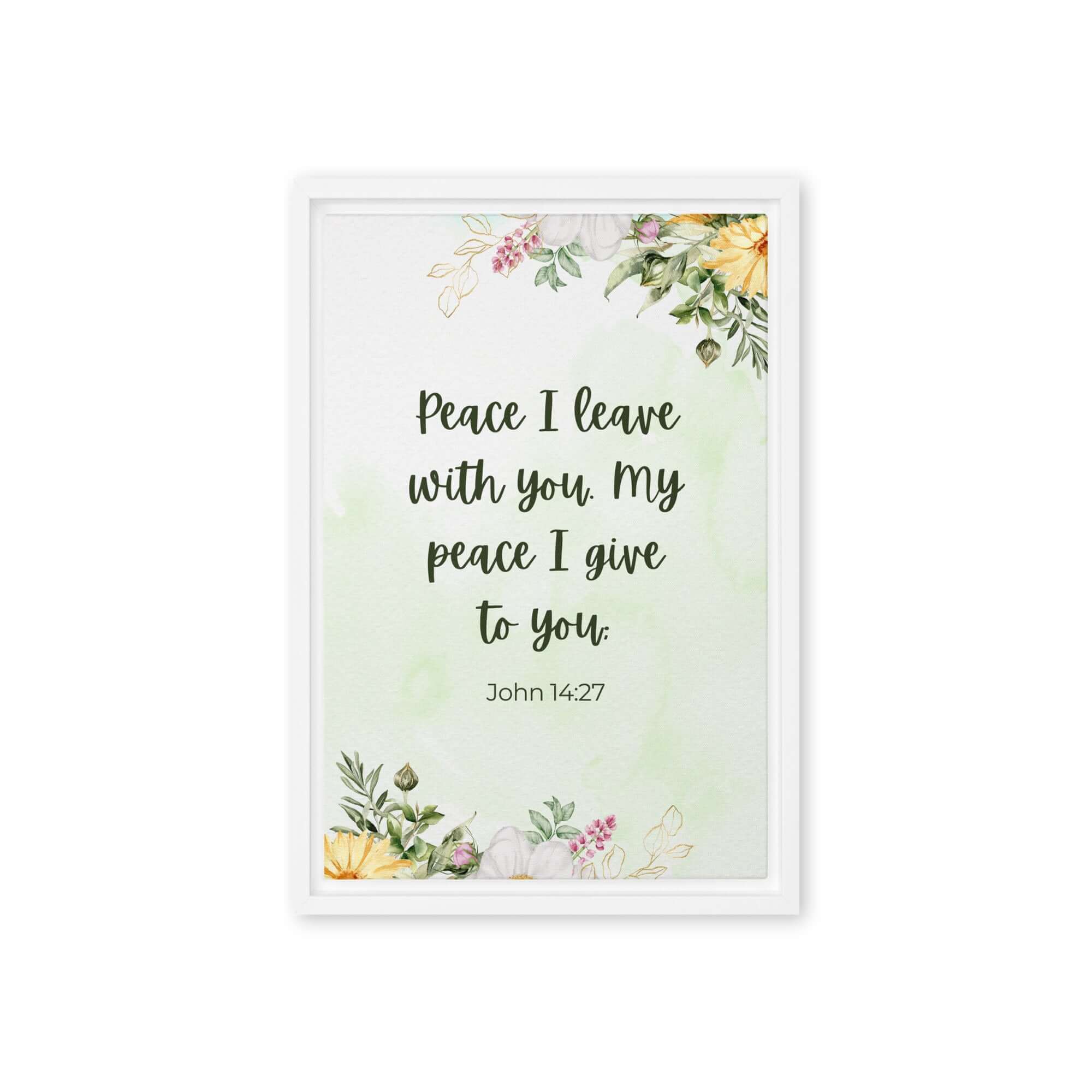 John 14:27 Bible Verse, My peace Framed Canvas Print Wall Art White 12″×18″