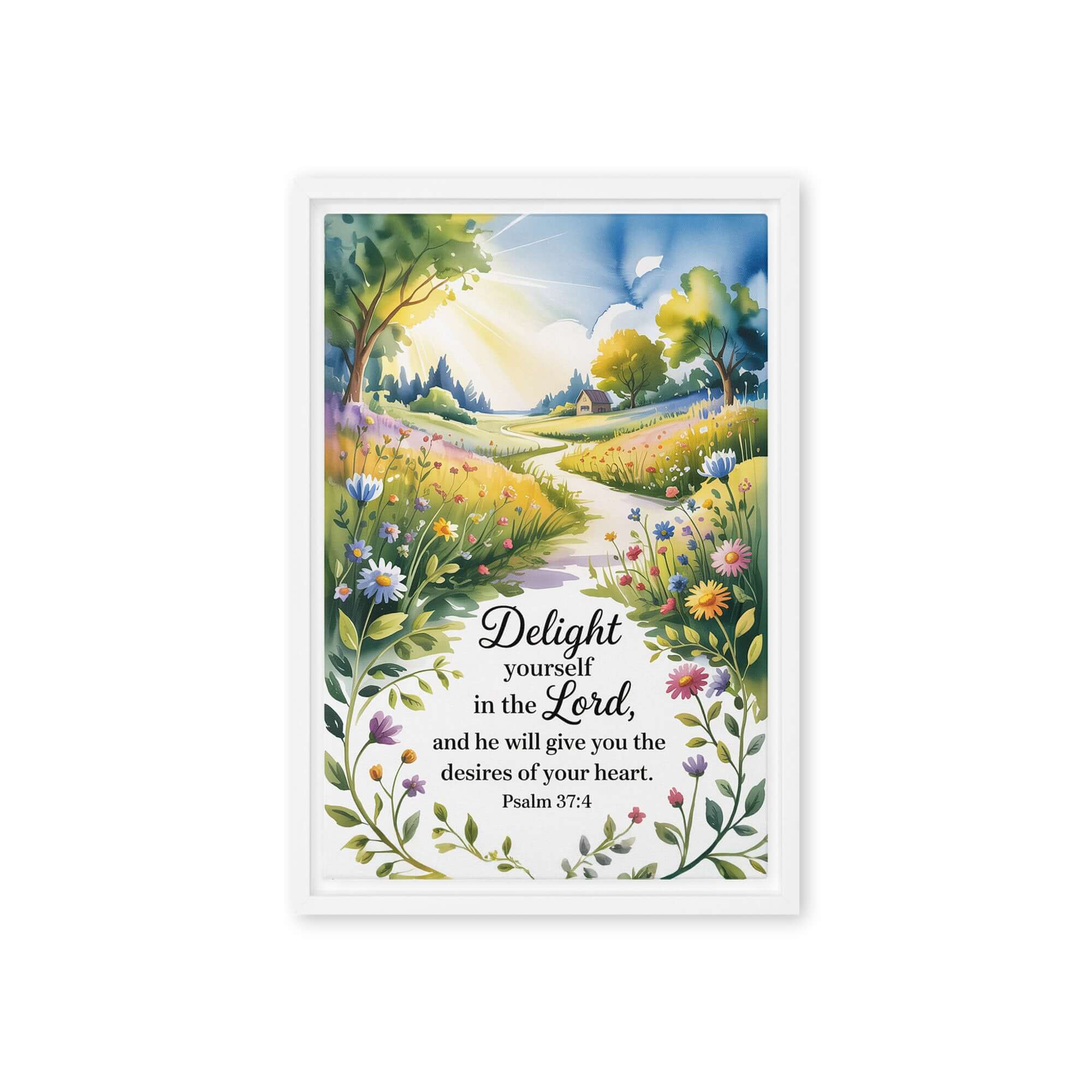 Psalm 37:4 Bible Verse, desires Framed Canvas White 12″×18″