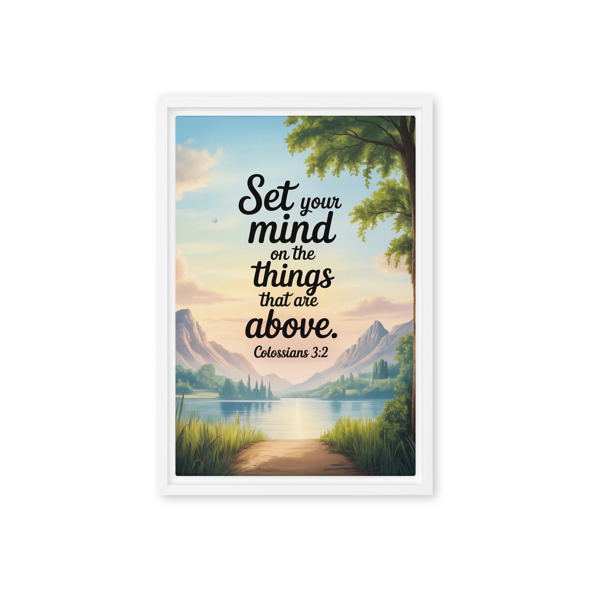 Colossians 3:2 Bible Verse Set Framed Canvas White 12″×18″