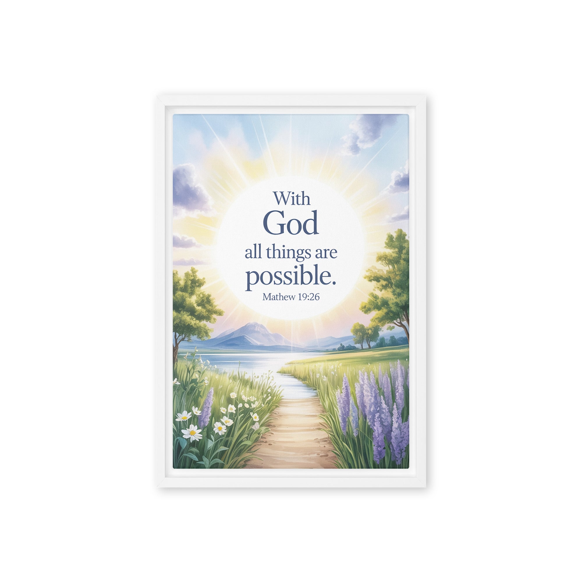 Matthew 19:26 Bible Verse Looking at Framed Canvas White 12″×18″