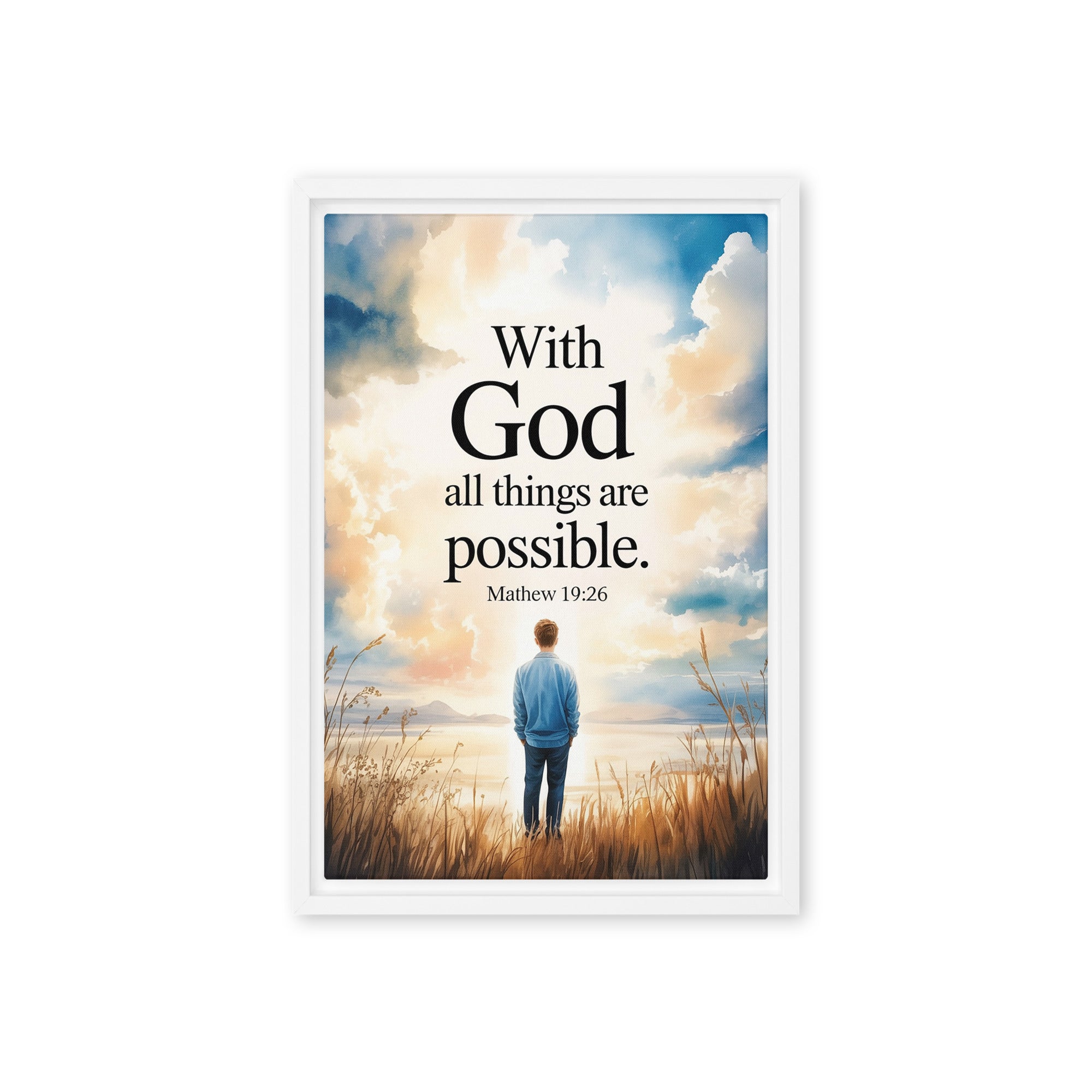 Matthew 19:26 Bible Verse Jesus Framed Canvas White 12″×18″