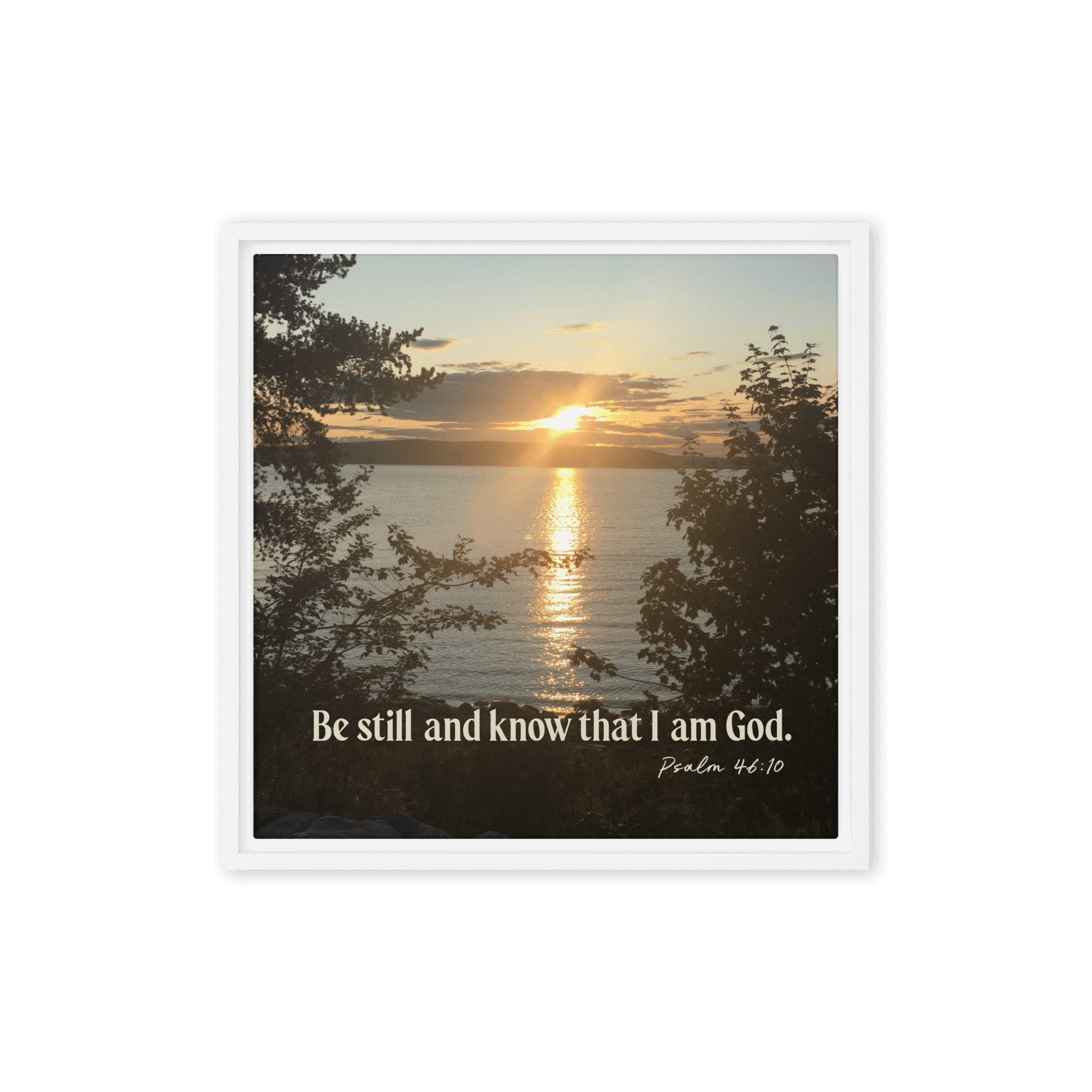 Psalm 46:10 Bible Verse, Sunset Glory Framed Canvas Print Wall Art White 16″×16″
