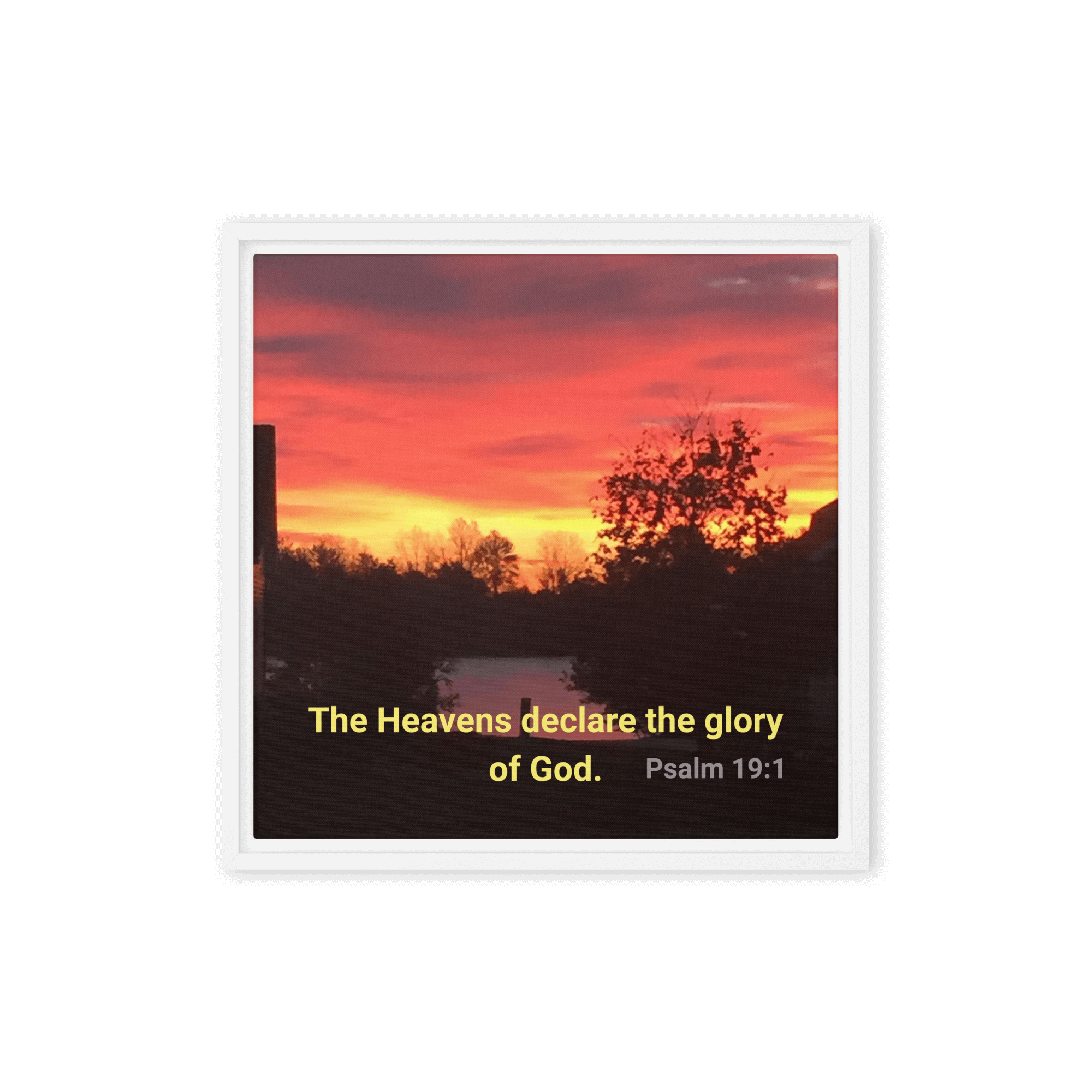 Psalm 19:1 Bible Verse, Sunset Glory Framed Canvas Print Wall Art White 16″×16″