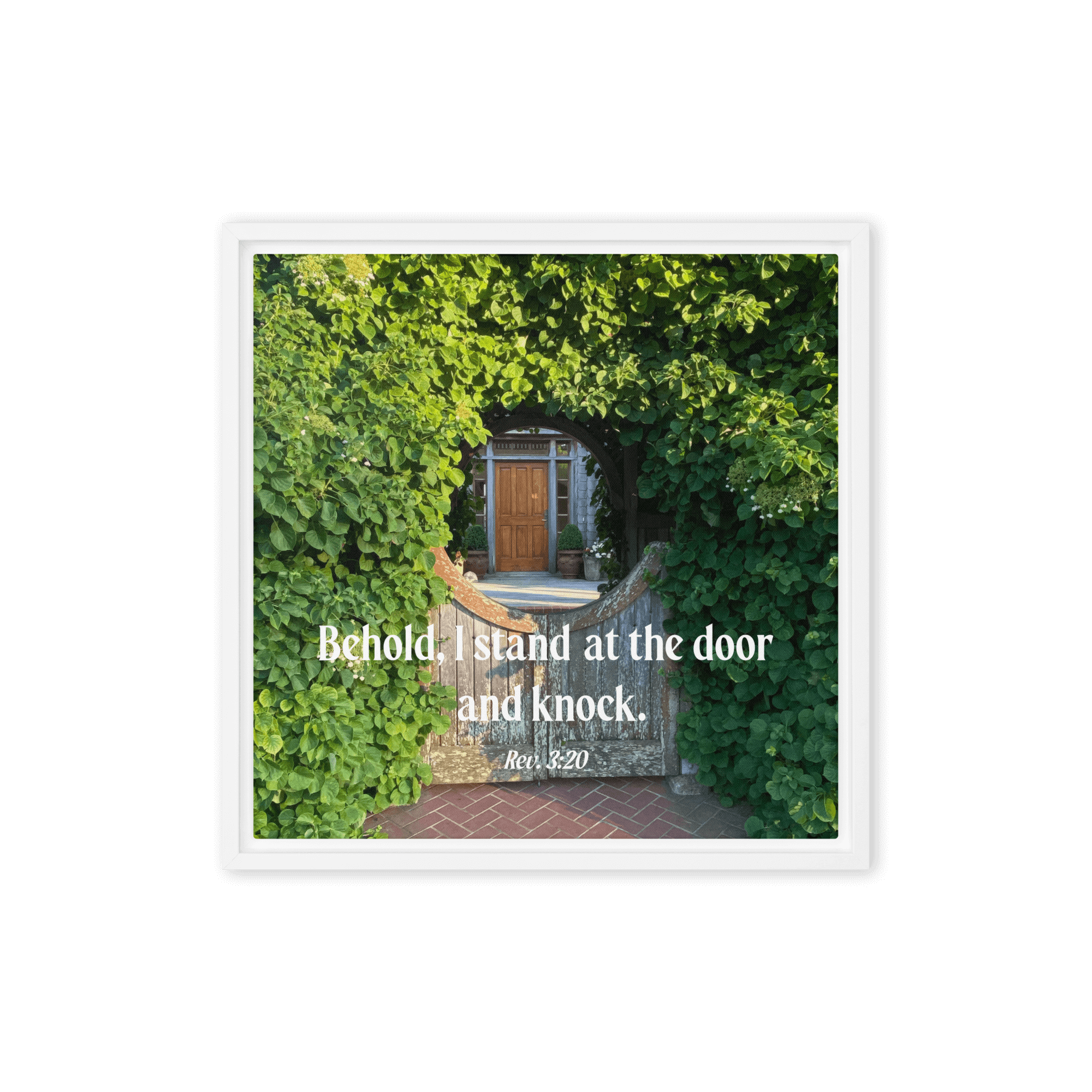 Revelation 3:20 Bible Verse, Garden Doorway Framed Canvas Print Wall Art White 16″×16″
