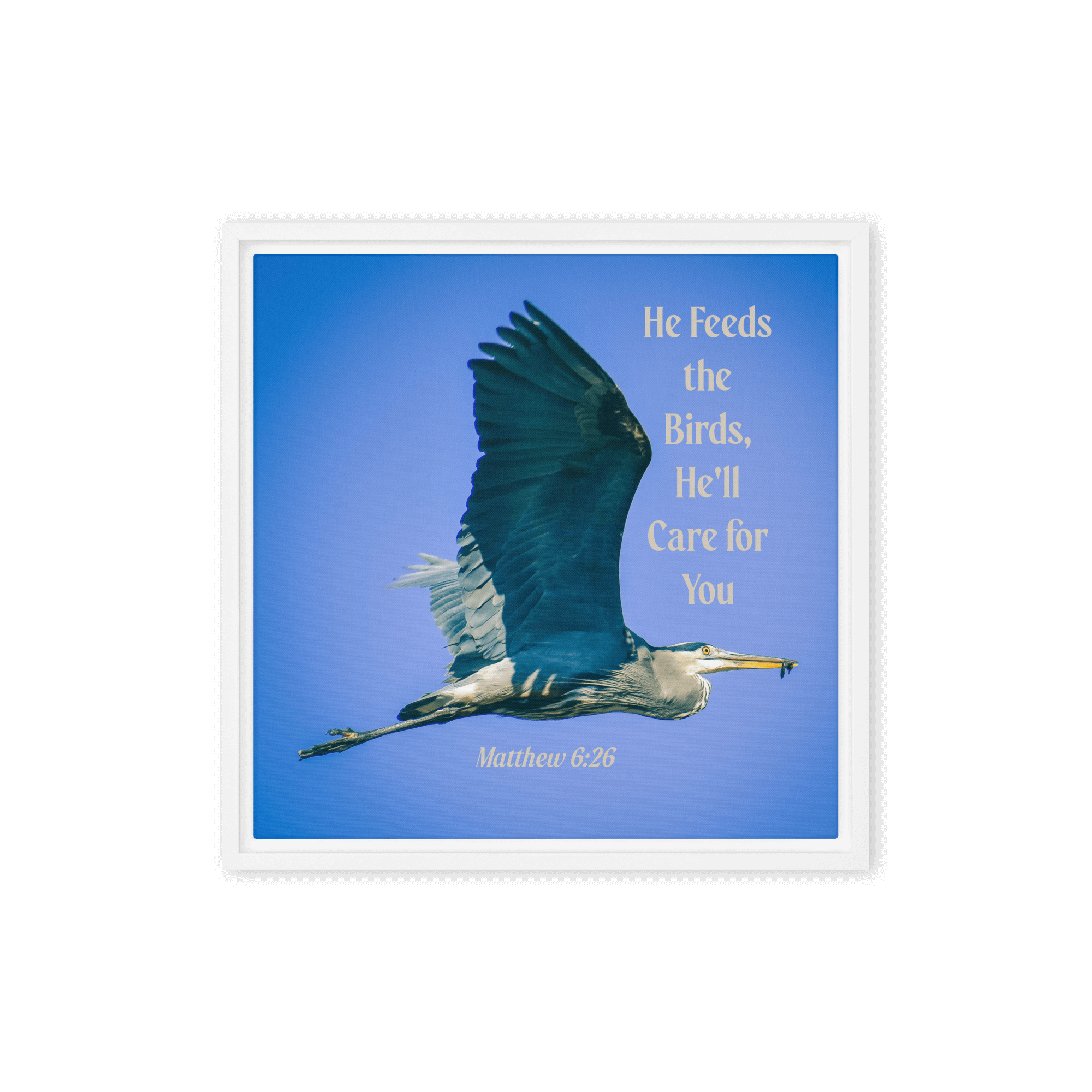 Matthew 6:26 Graceful Heron, He'll Care for You Framed Canvas Print Wall Art White 16″×16″