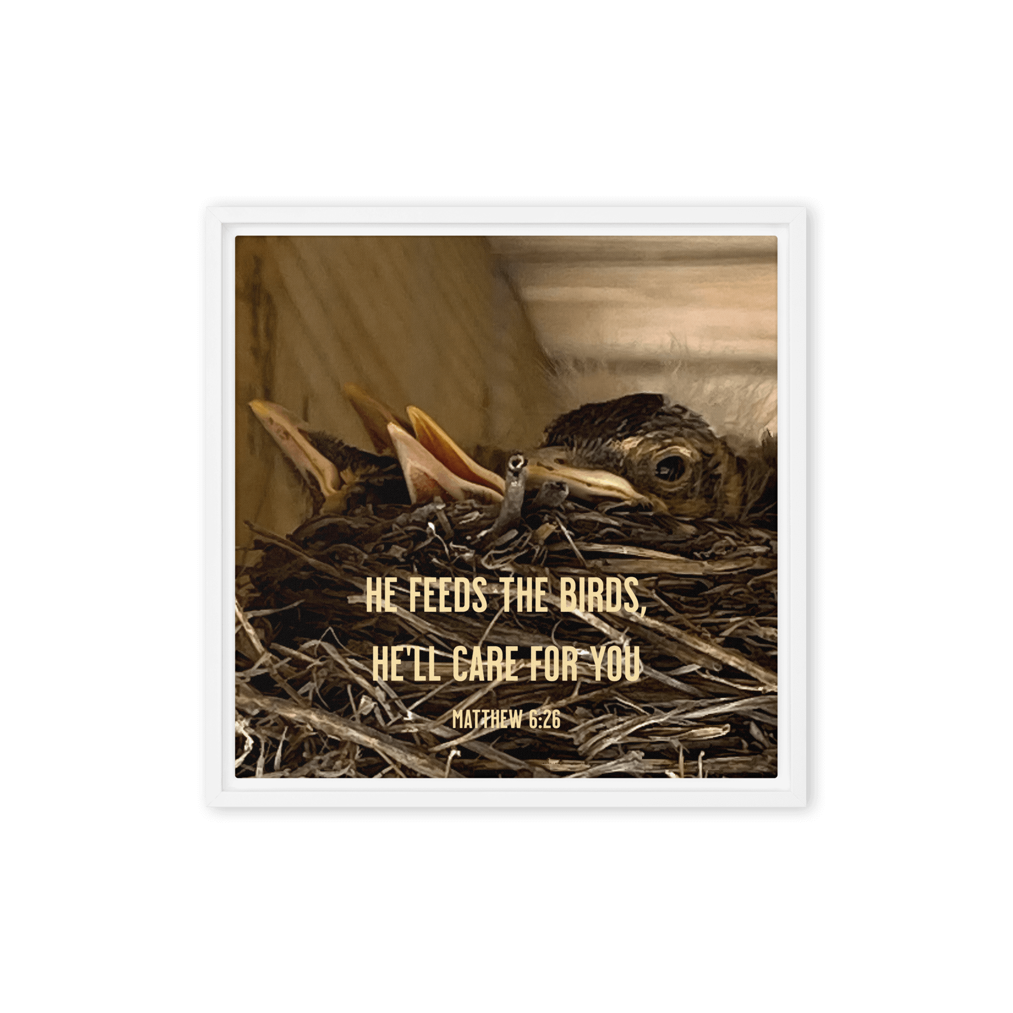 Matthew 6:26 Baby Robins, He'll Care for You Framed Canvas Print Wall Art White 16″×16″