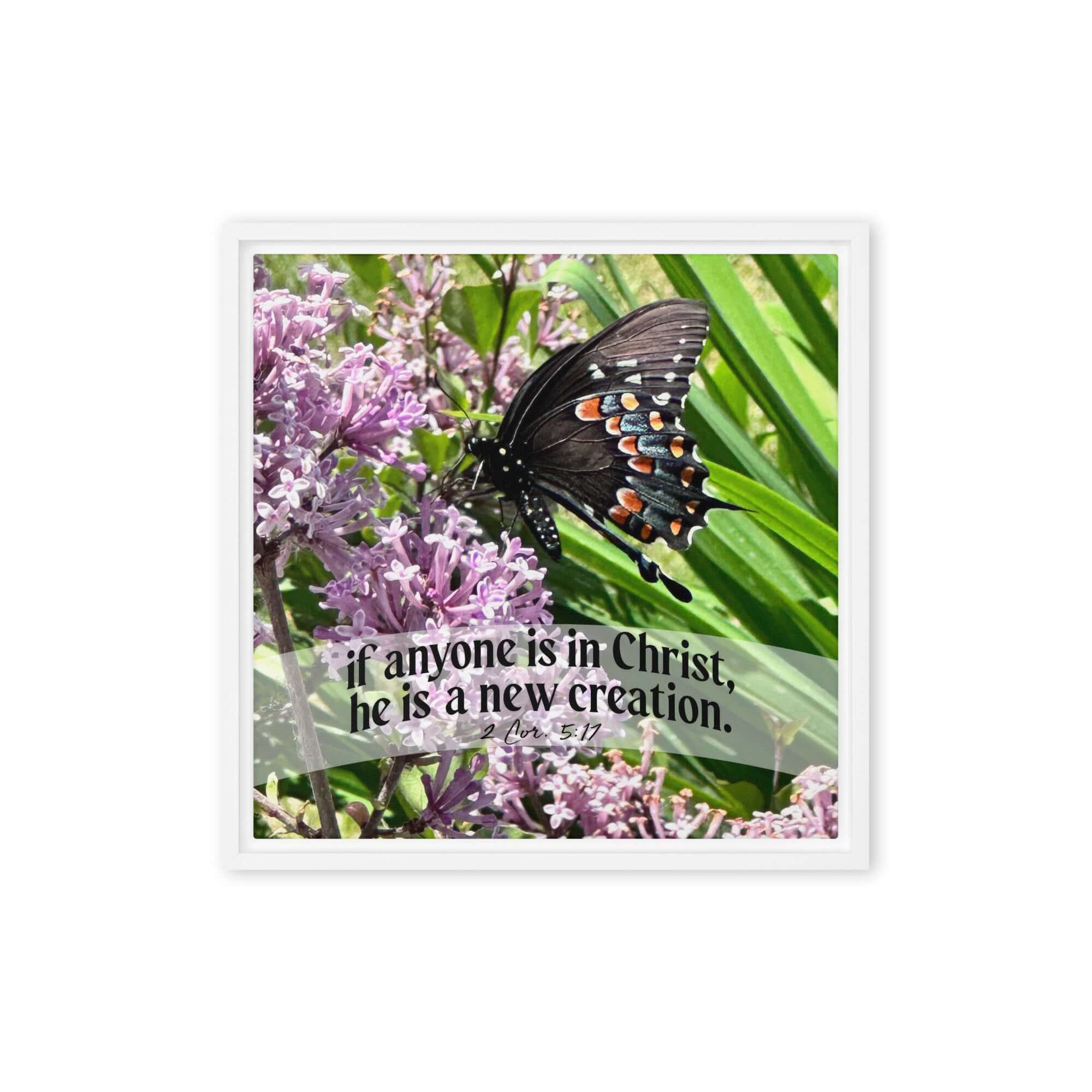 2 Corinthians 5:17 Bible Verse, Butterfly Framed Canvas Print Wall Art White 16″×16″
