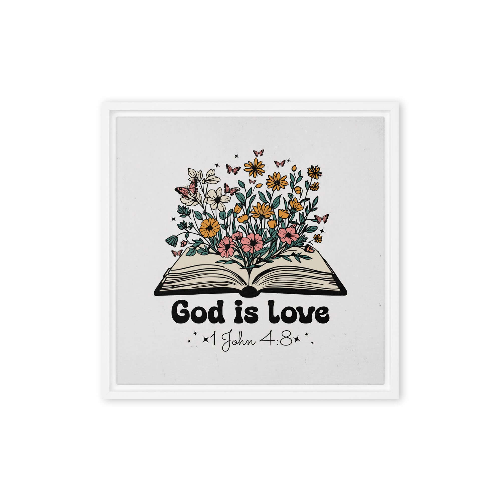 1 John 4:8 Bible Verse, God is Love Framed Canvas Print Wall Art White 16″×16″