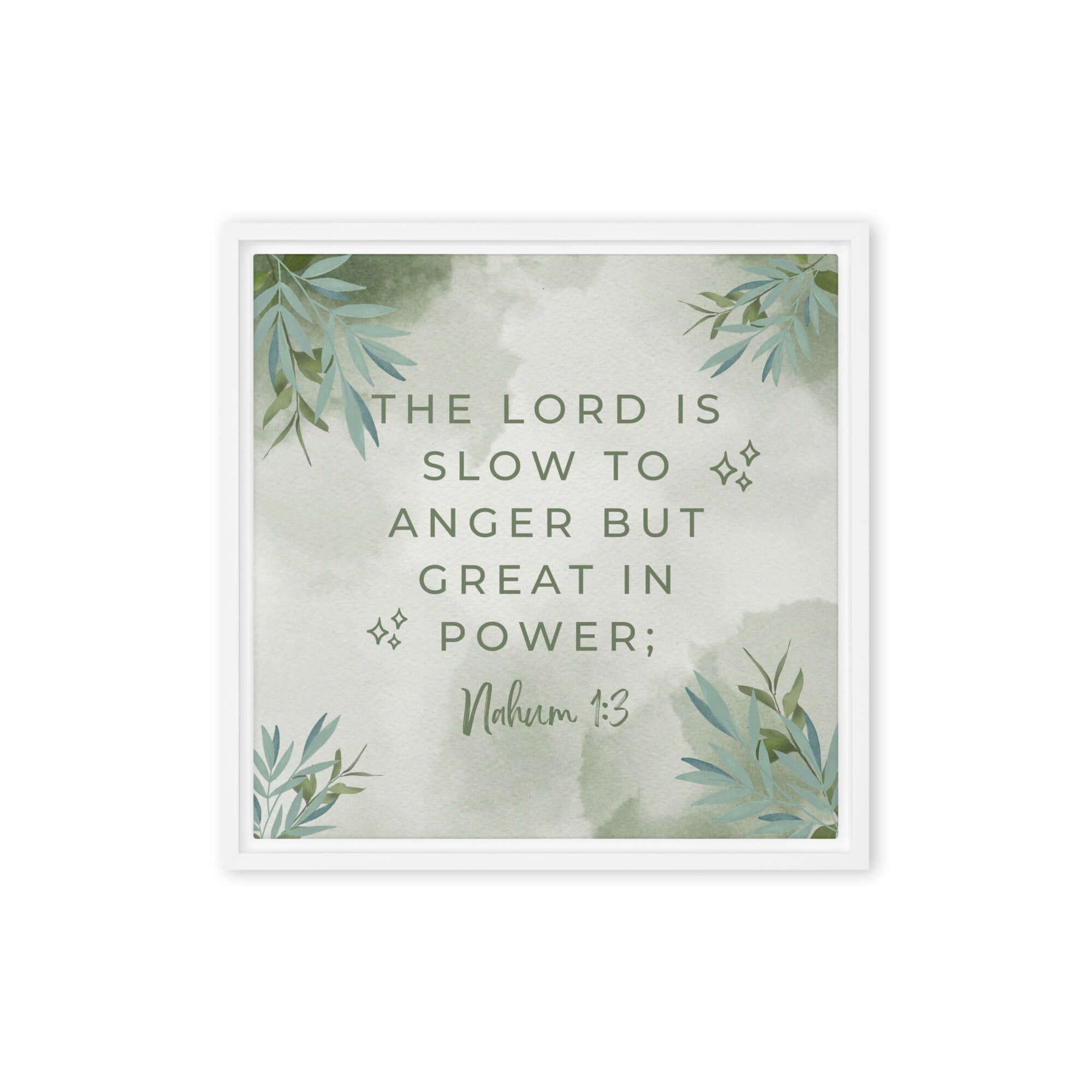 Nahum 1:3 Bible Verse, The Lord is slow Framed Canvas Print Wall Art White 16″×16″