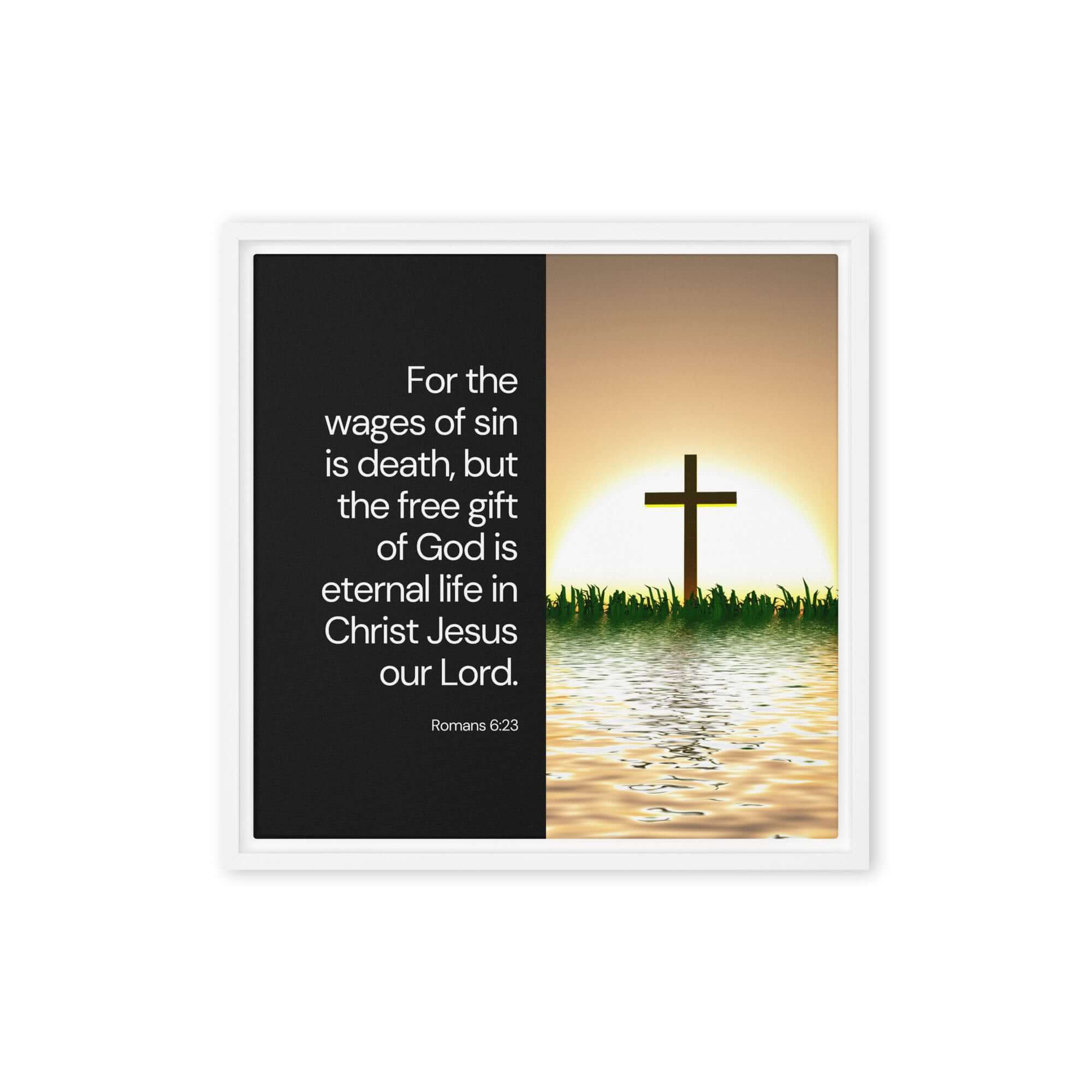 Romans 6:23 Bible Verse, the wages Framed Canvas Print Wall Art White 16″×16″