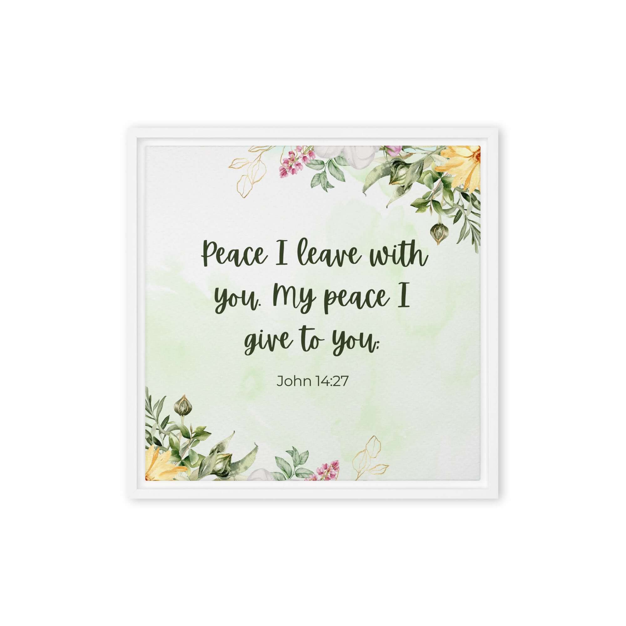 John 14:27 Bible Verse, My peace Framed Canvas Print Wall Art White 16″×16″