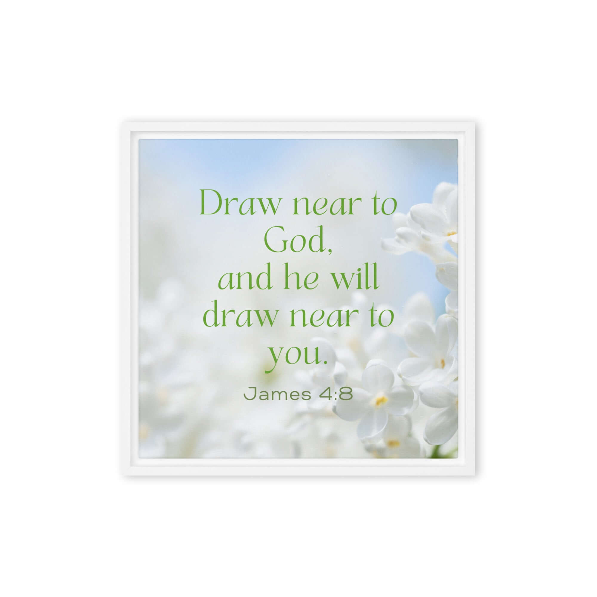 James 4:8 Bible Verse, Draw near Framed Canvas Print Wall Art White 16″×16″