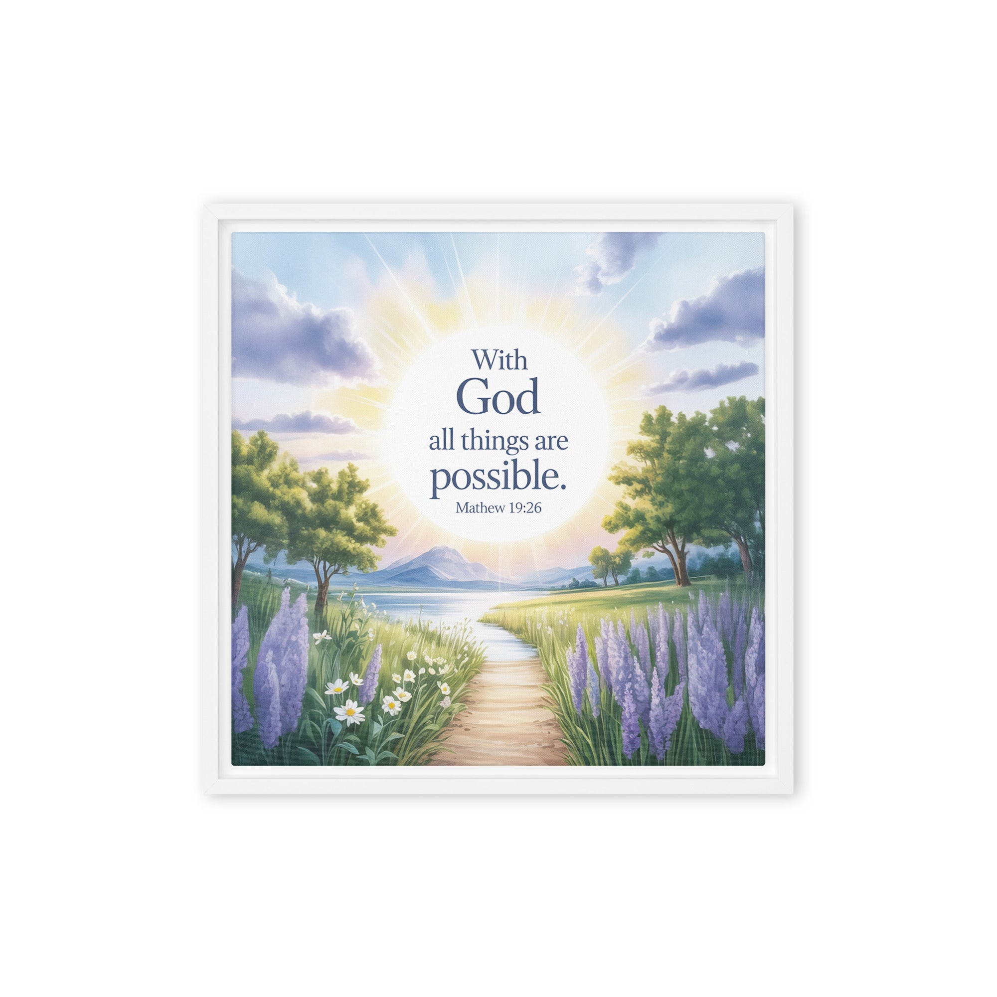 Matthew 19:26 Bible Verse Looking at Framed Canvas White 16″×16″