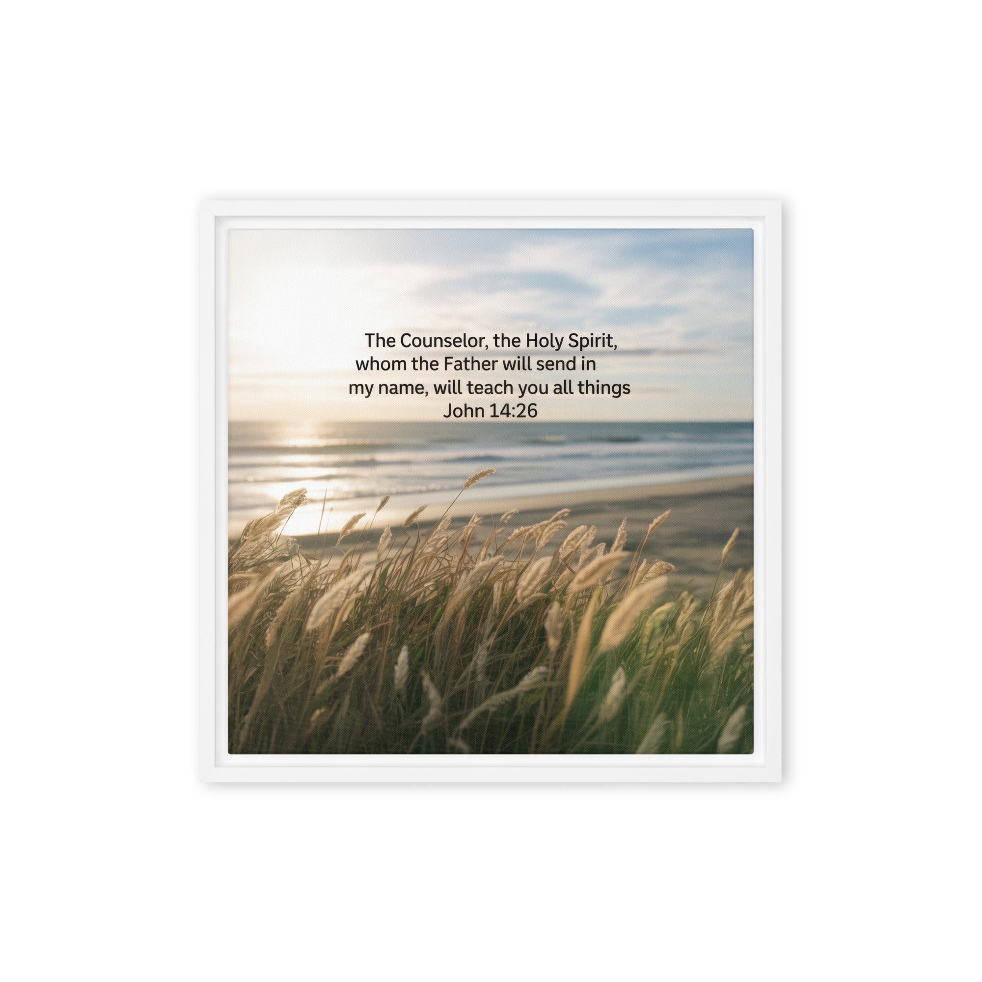 John 14:26 Bible Verse in my name Framed Canvas White 16″×16″