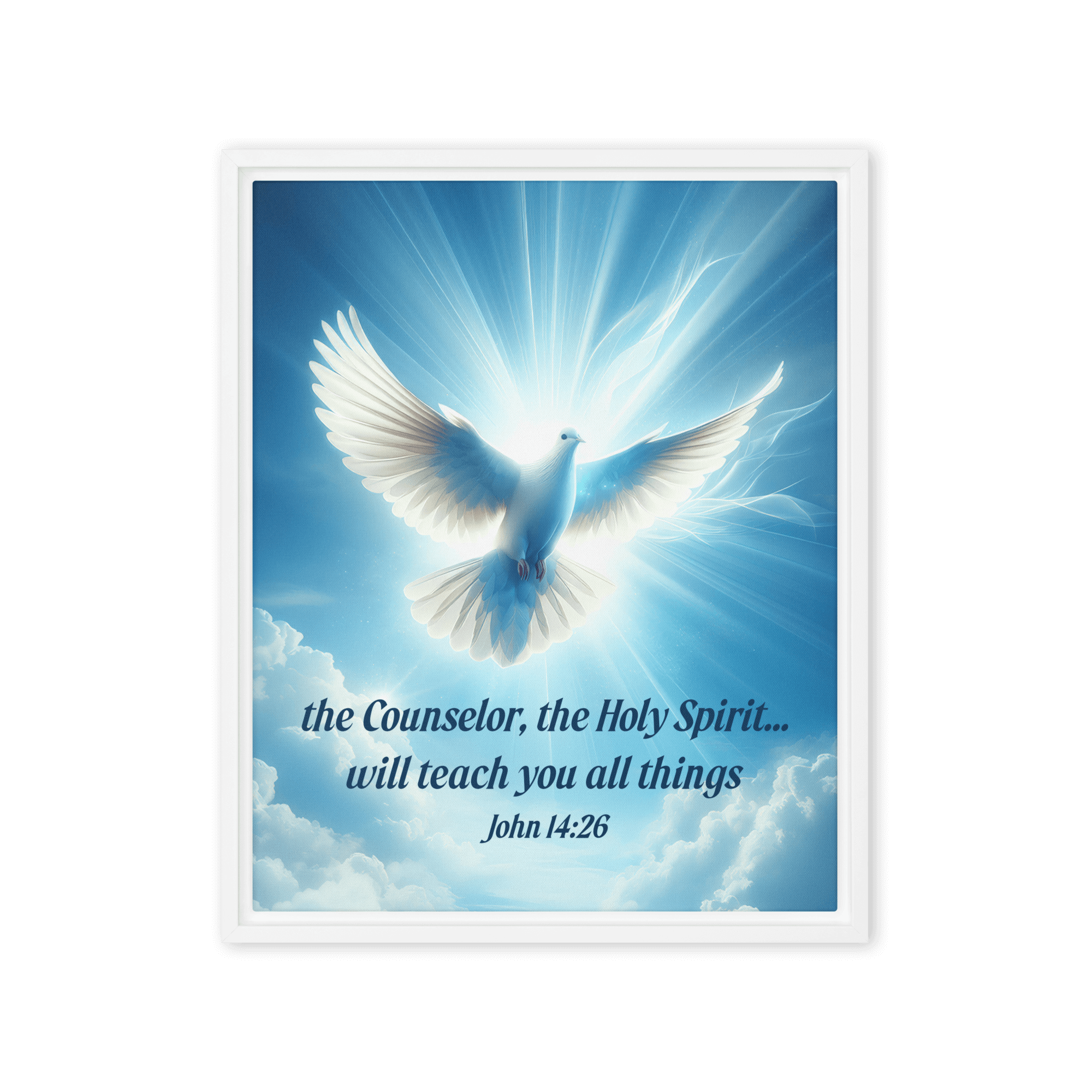 John 14:26 Bible Verse, Holy Spirit Dove Framed Canvas Print Wall Art White 16″×20″