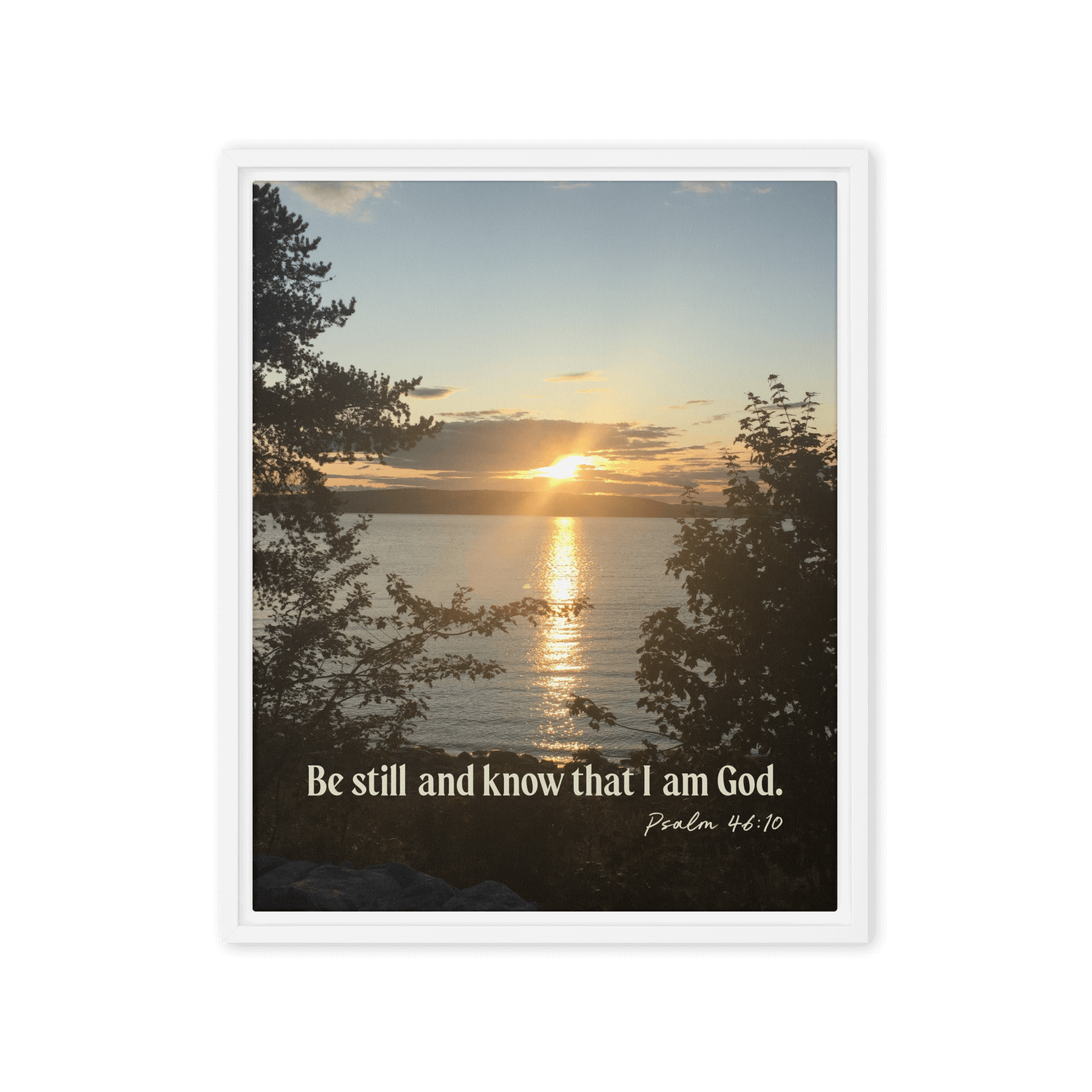 Psalm 46:10 Bible Verse, Sunset Glory Framed Canvas Print Wall Art White 16″×20″