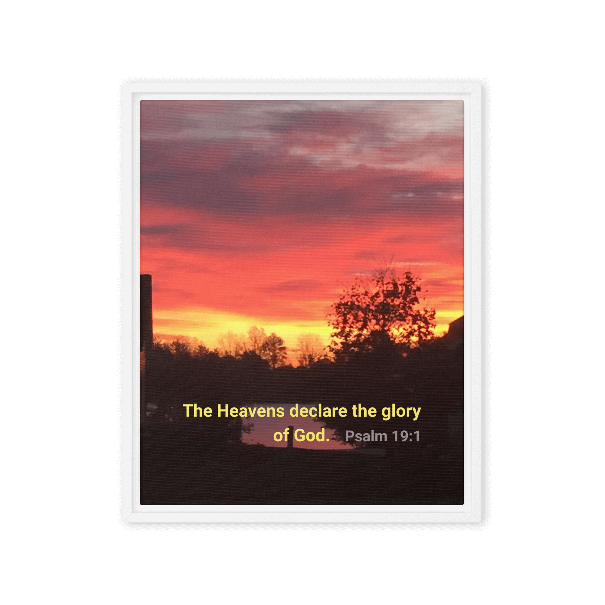 Psalm 19:1 Bible Verse, Sunset Glory Framed Canvas Print Wall Art White 16″×20″