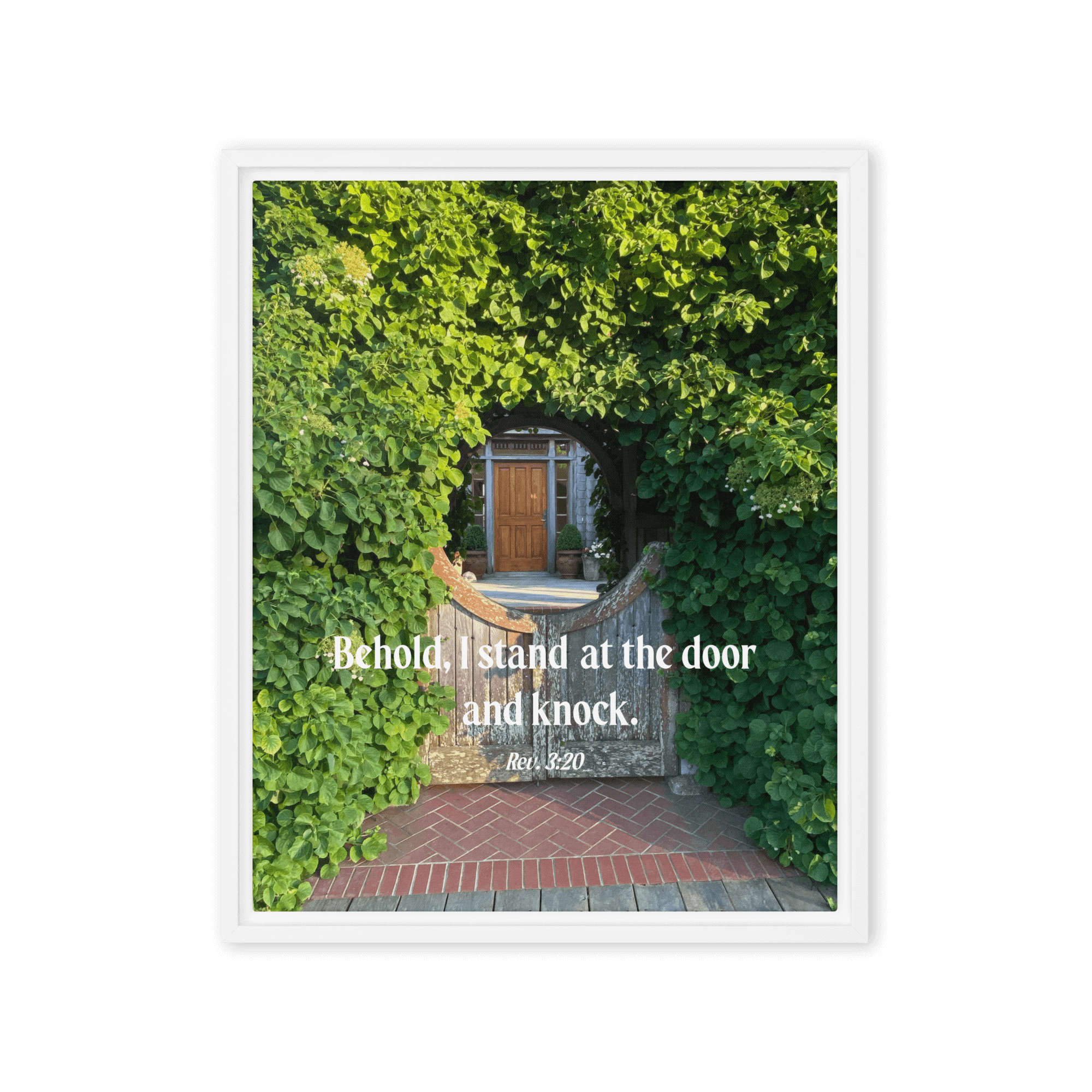 Revelation 3:20 Bible Verse, Garden Doorway Framed Canvas Print Wall Art White 16″×20″